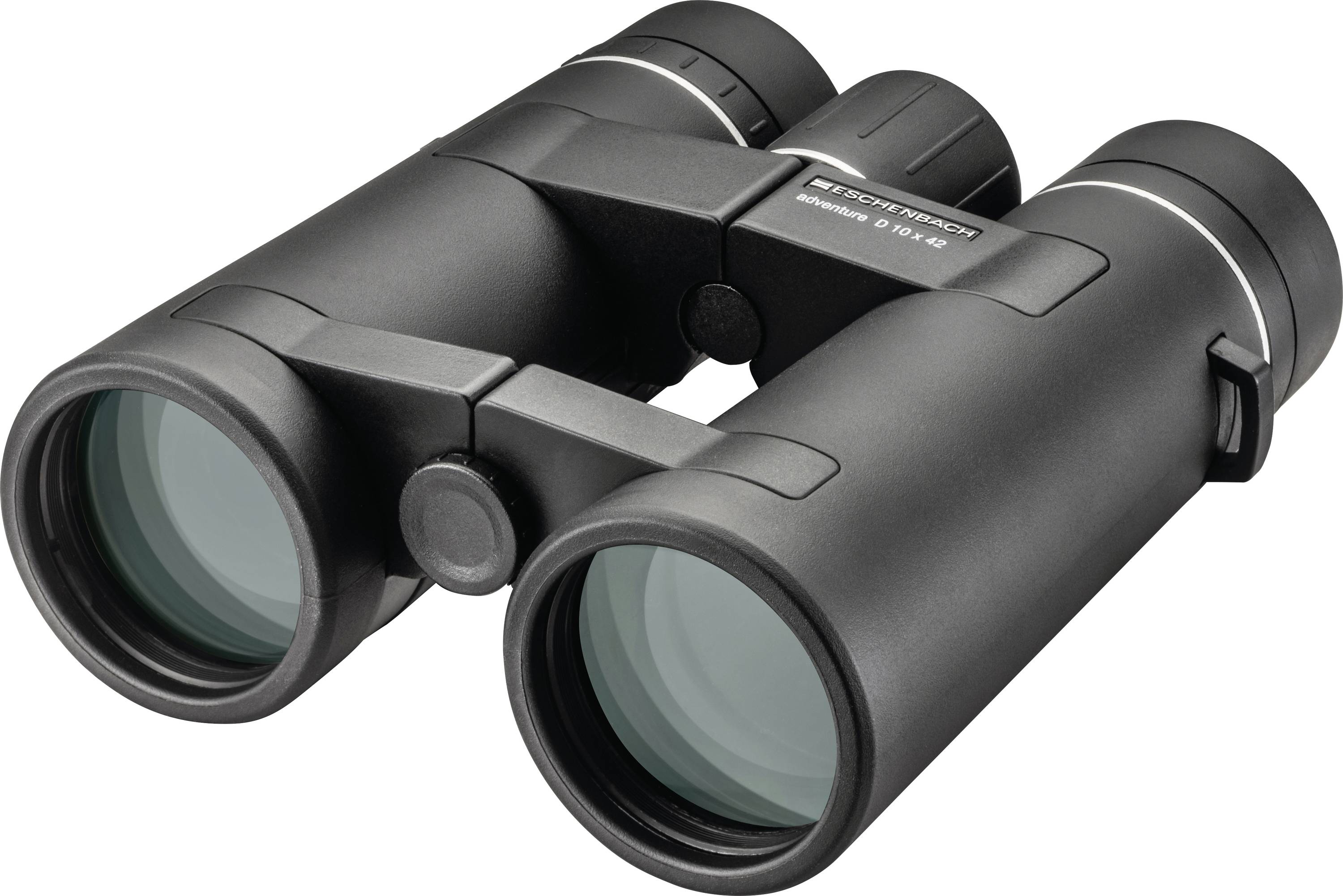 Black binoculars with large lenses, shown at an angle on a white background.