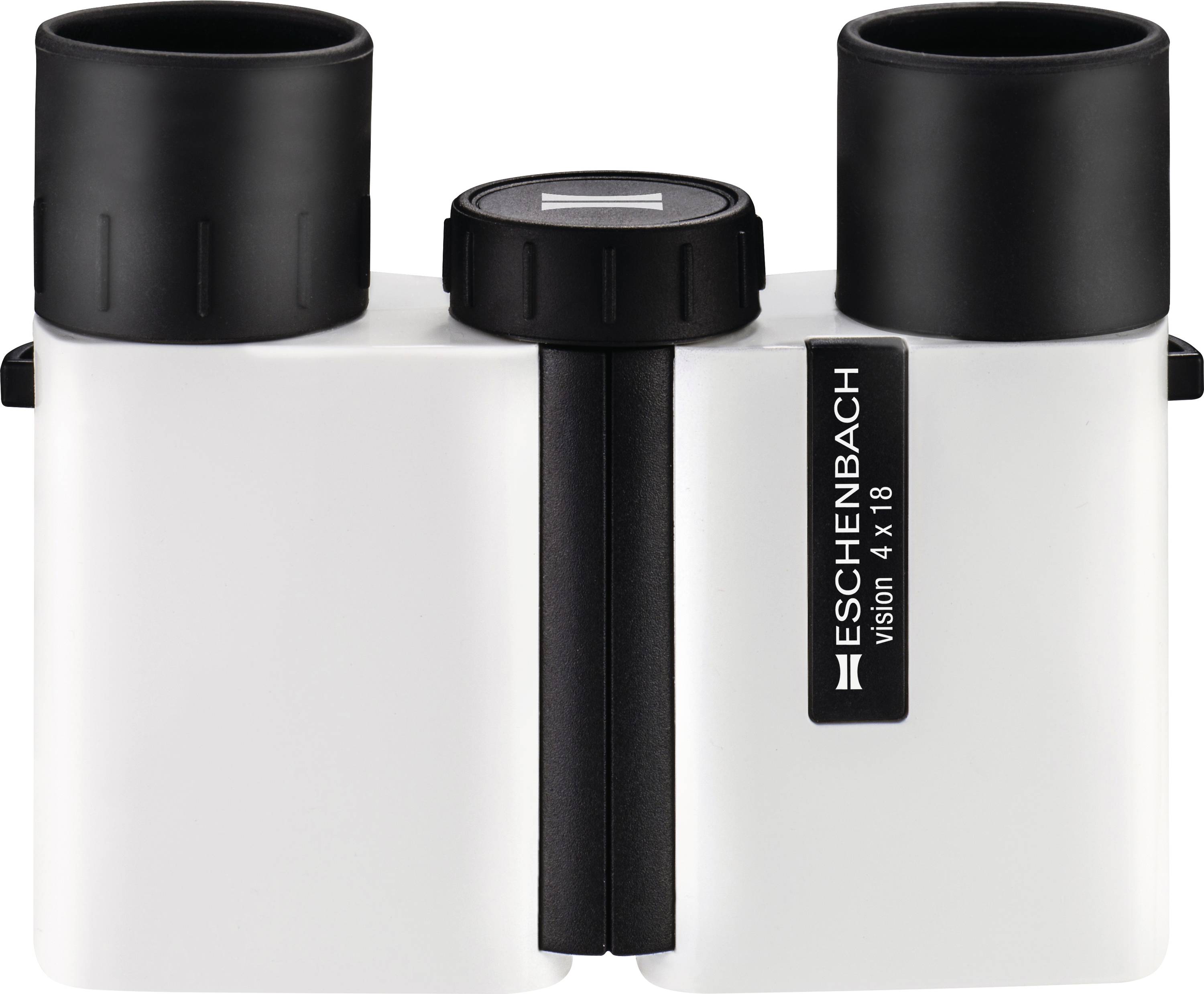 White binoculars with black eyepieces and center focus wheel, labeled 'Eschenbach Visio 4x18'.