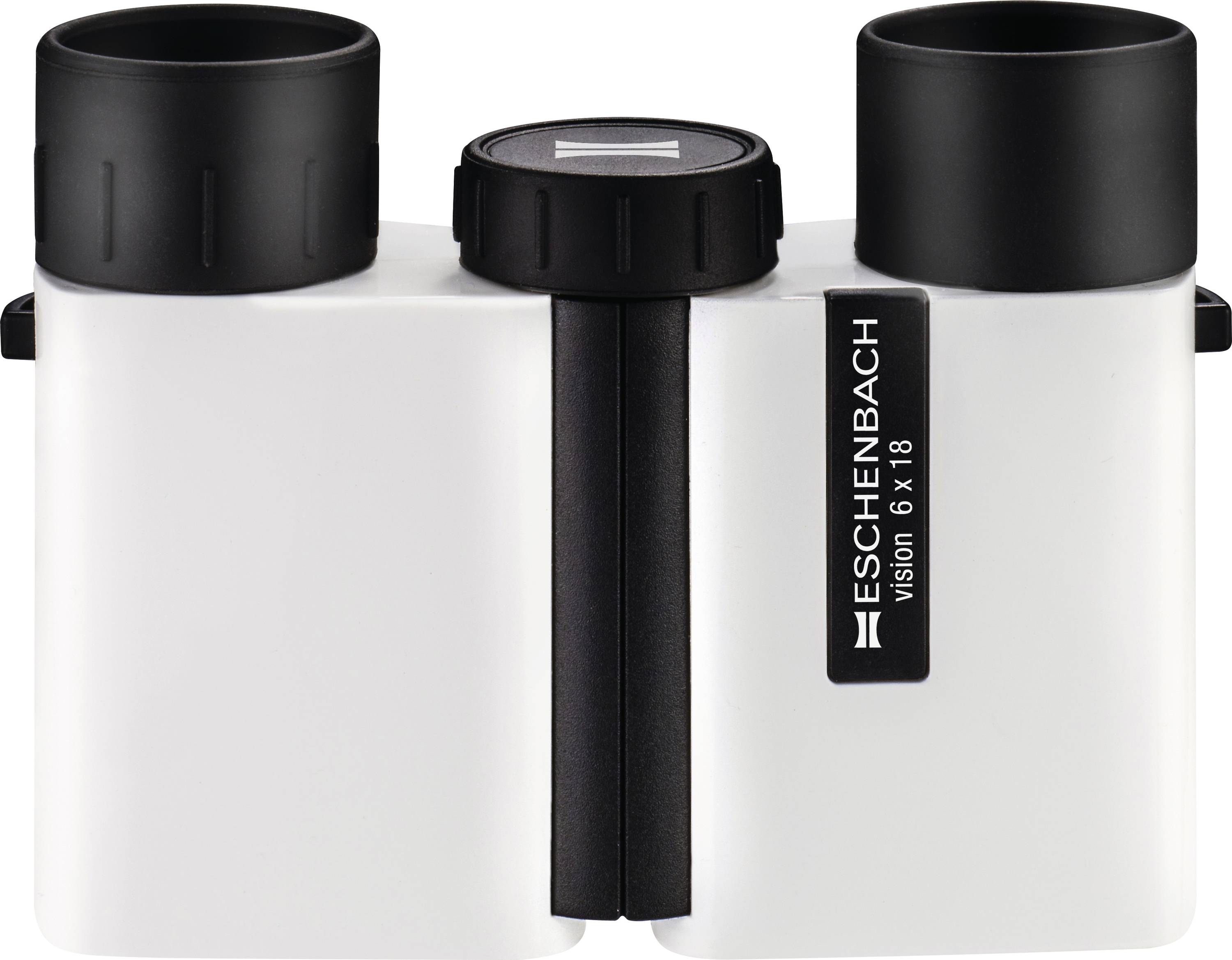 White binoculars with black eyecups and central hinge, labeled 'ESCHENBACH vision 6 x 18' on the right side.