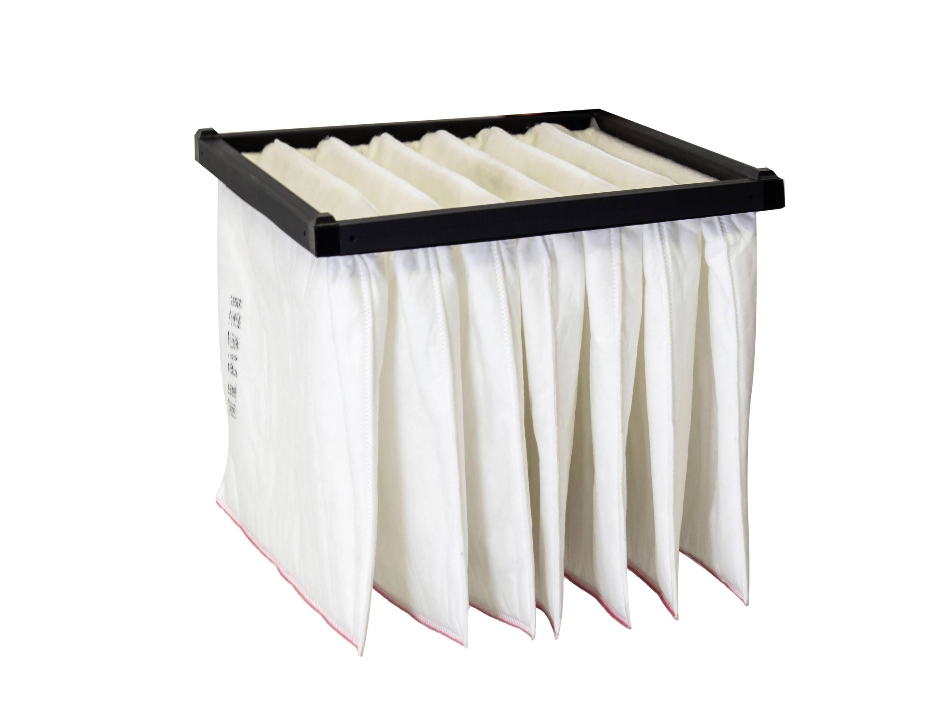White pleated air filter with a black frame, shown isolated on a white background.