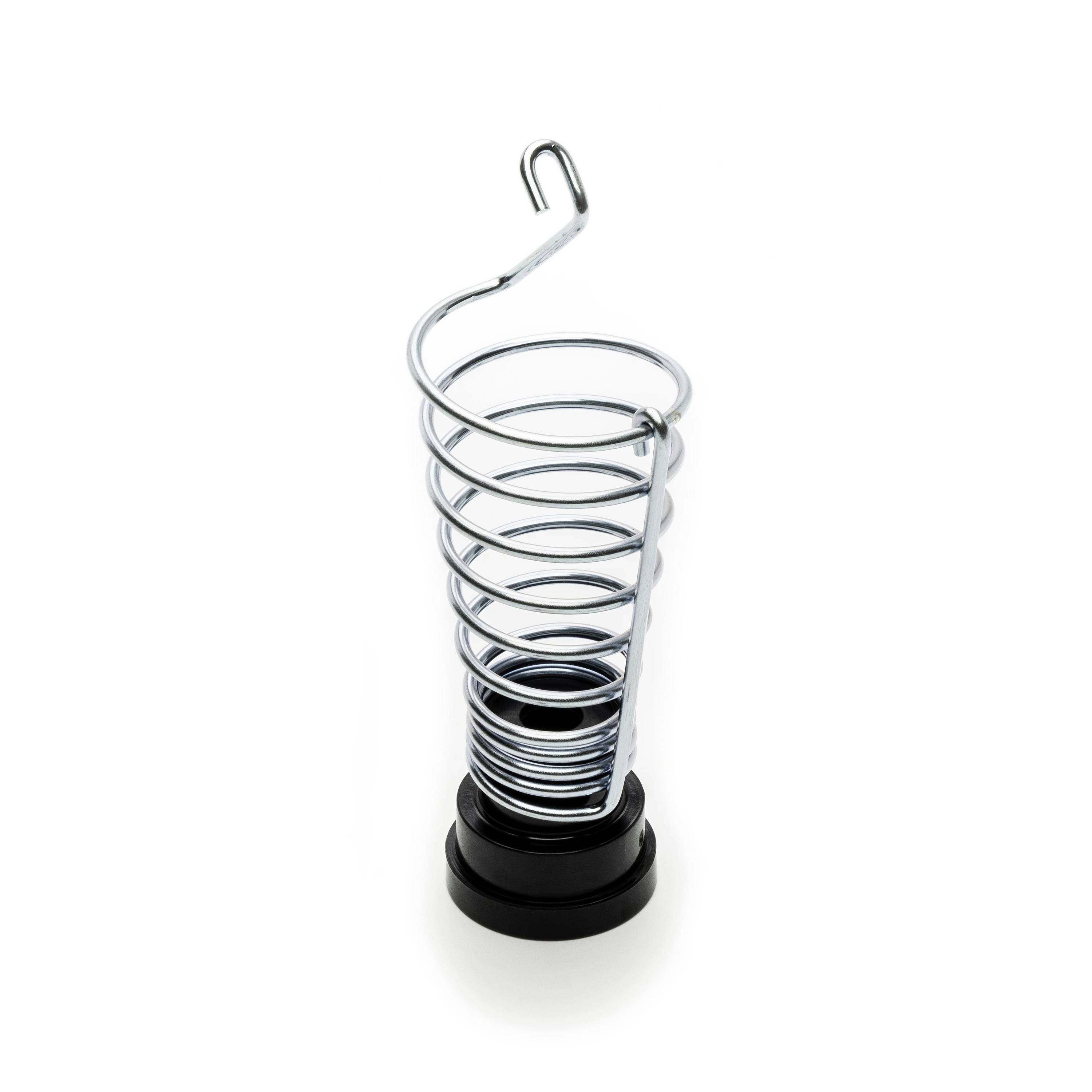 Chrome spiral cup holder with a small hook at the top and black base, isolated on a white background.