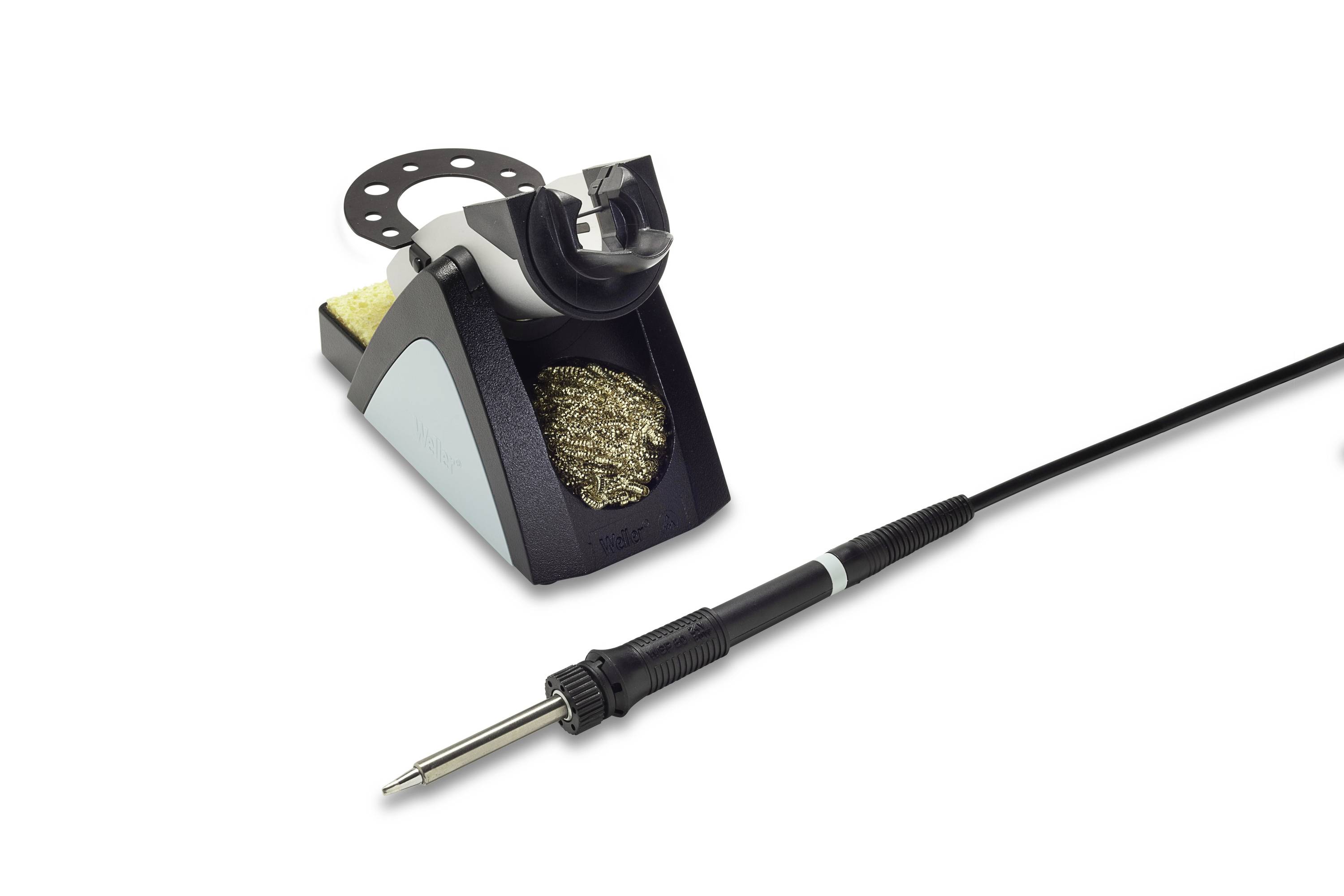 Soldering iron stand with sponge and brass tip cleaner beside a soldering iron on a white background.