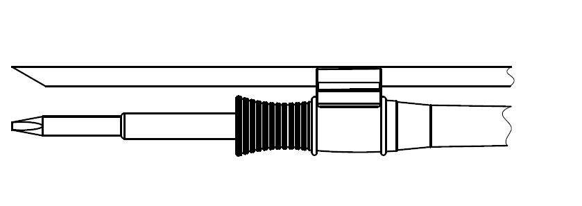 Technical line drawing of a pen-like tool or stylus, shown in side view with a pointed tip, ribbed grip, and cylindrical body.