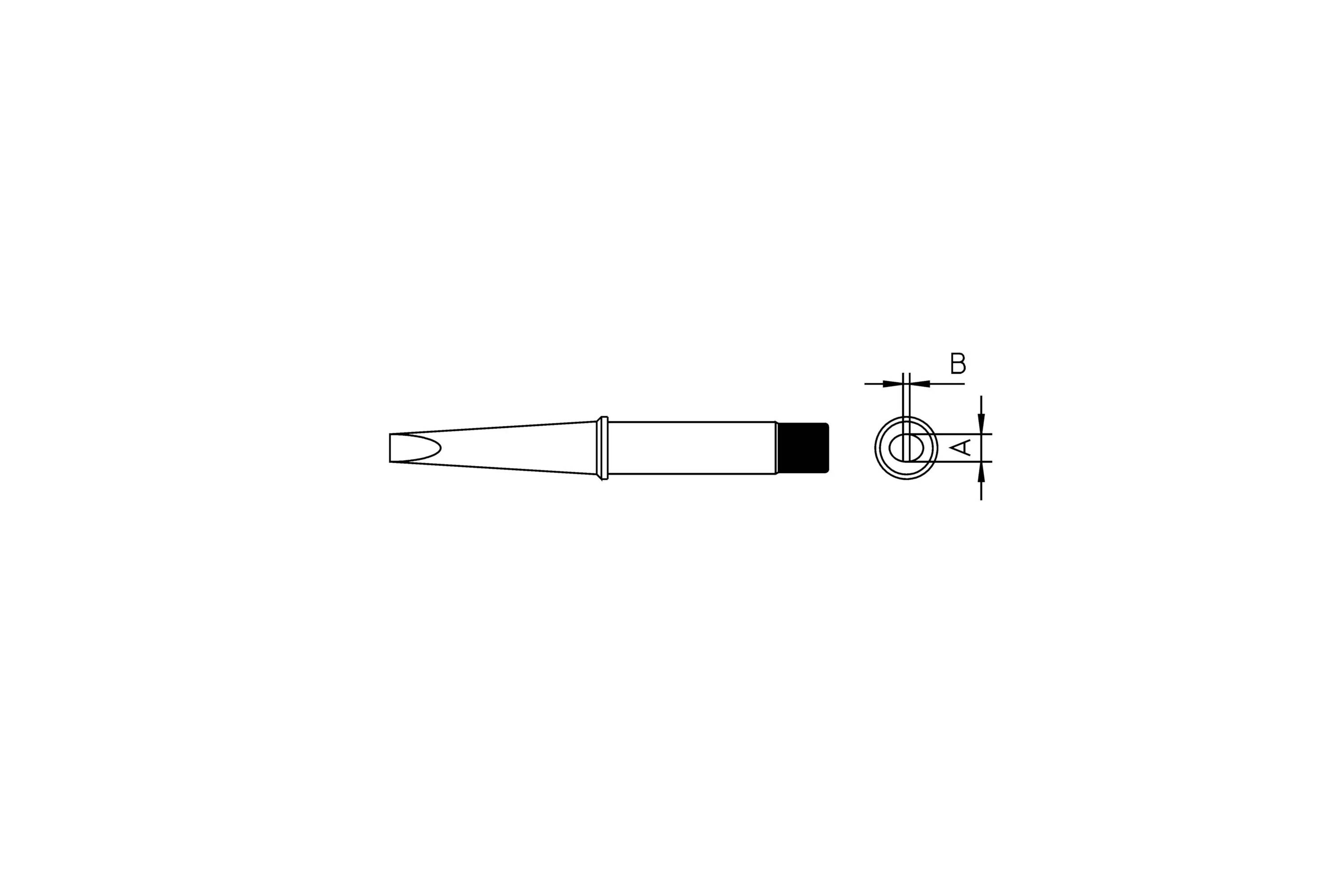 Technical drawing of a tapered pen-like nozzle shown from side and end views, with diameter labeled A and length labeled B.