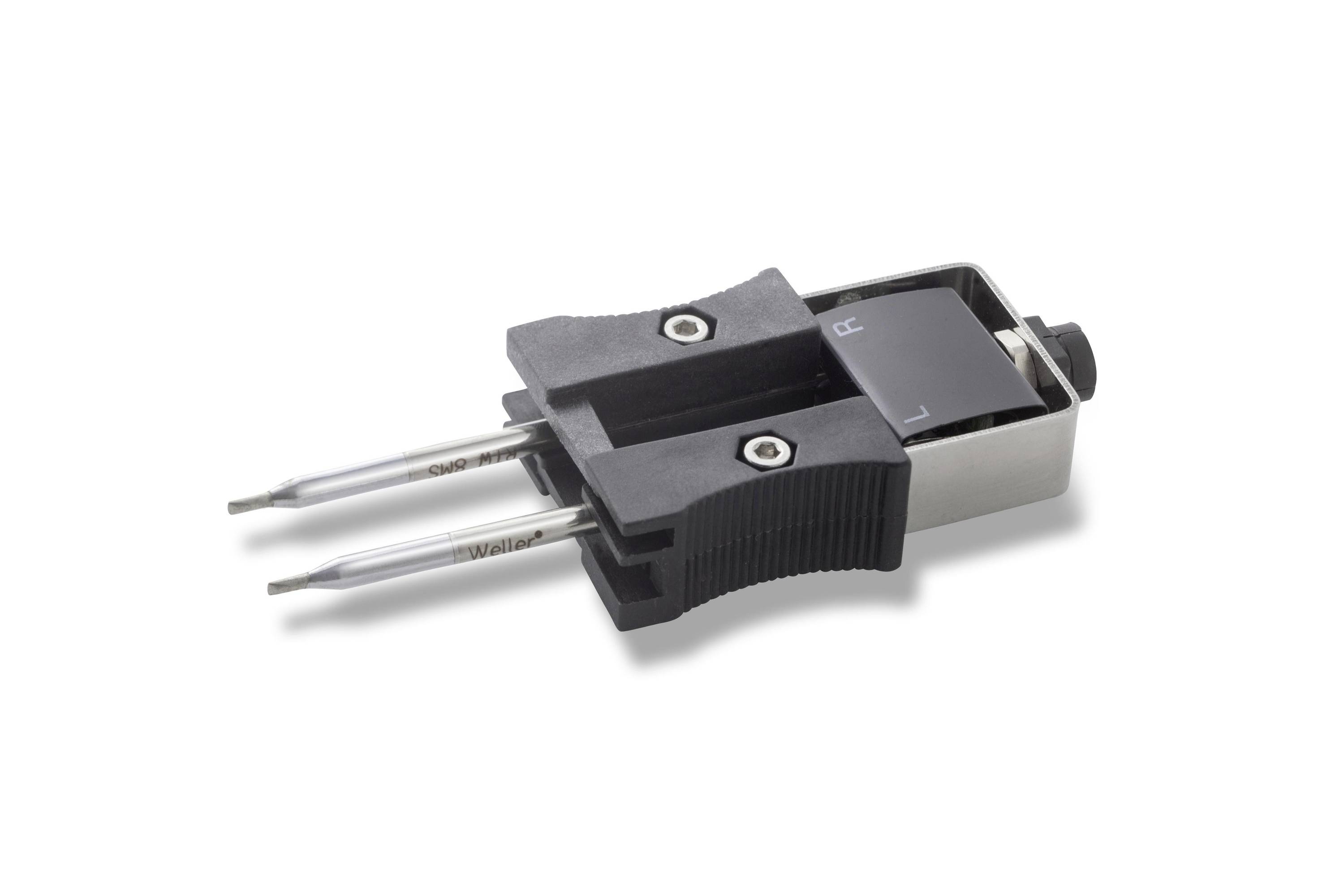 Two-prong electrical connector plug with black insulated body and metal blades on a white background