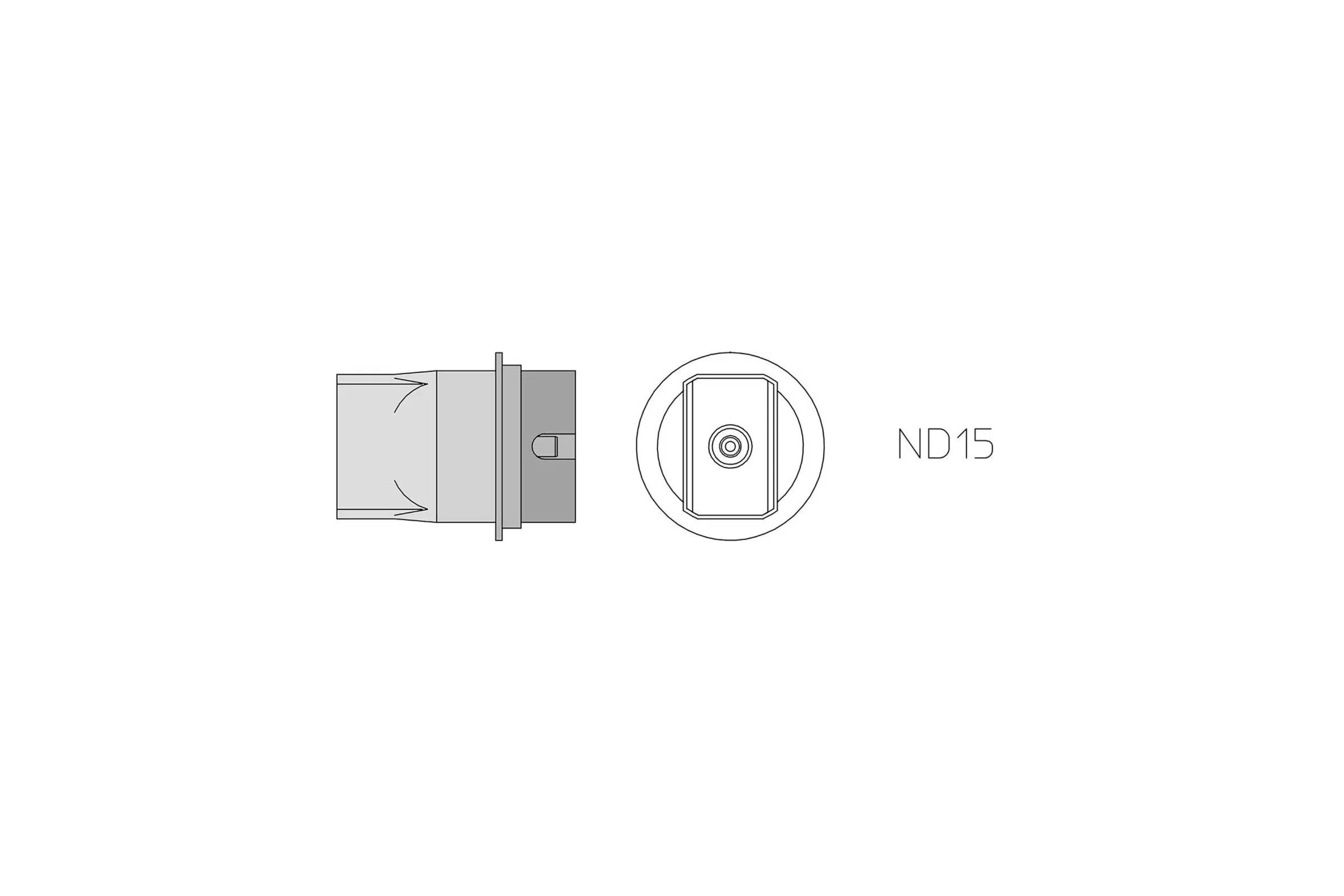 Technical diagram of an ND15 connector with side and front views, showing the connector shape and pin alignment.