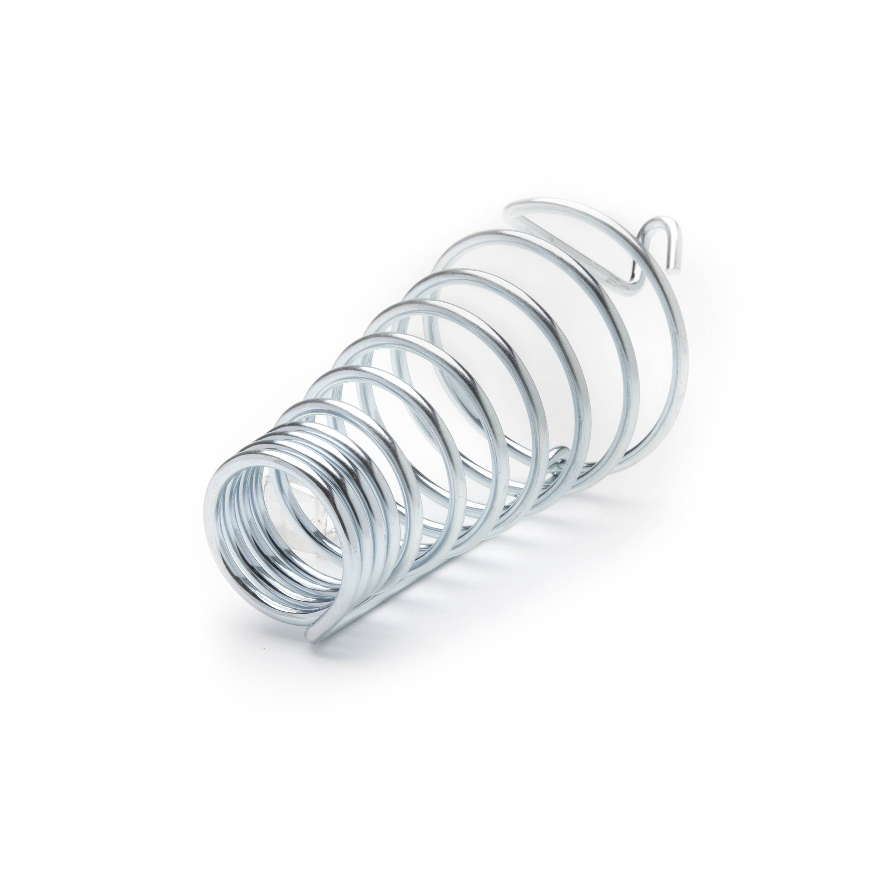 Metal coil spring, silver and conical, shown isolated on a white background.