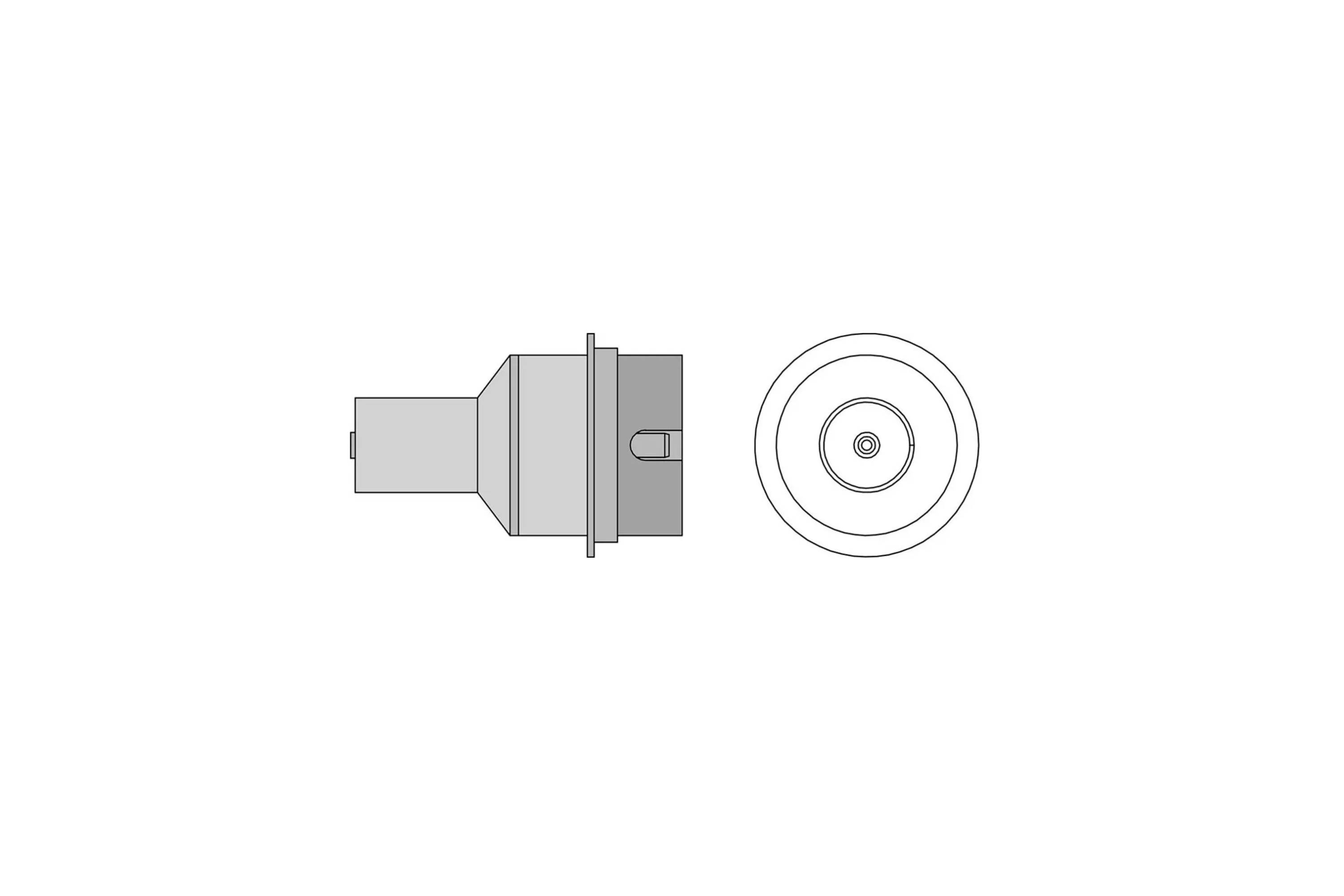 Technical illustration of a connector or plug viewed from the side and front, showing a cylindrical tip and circular face.