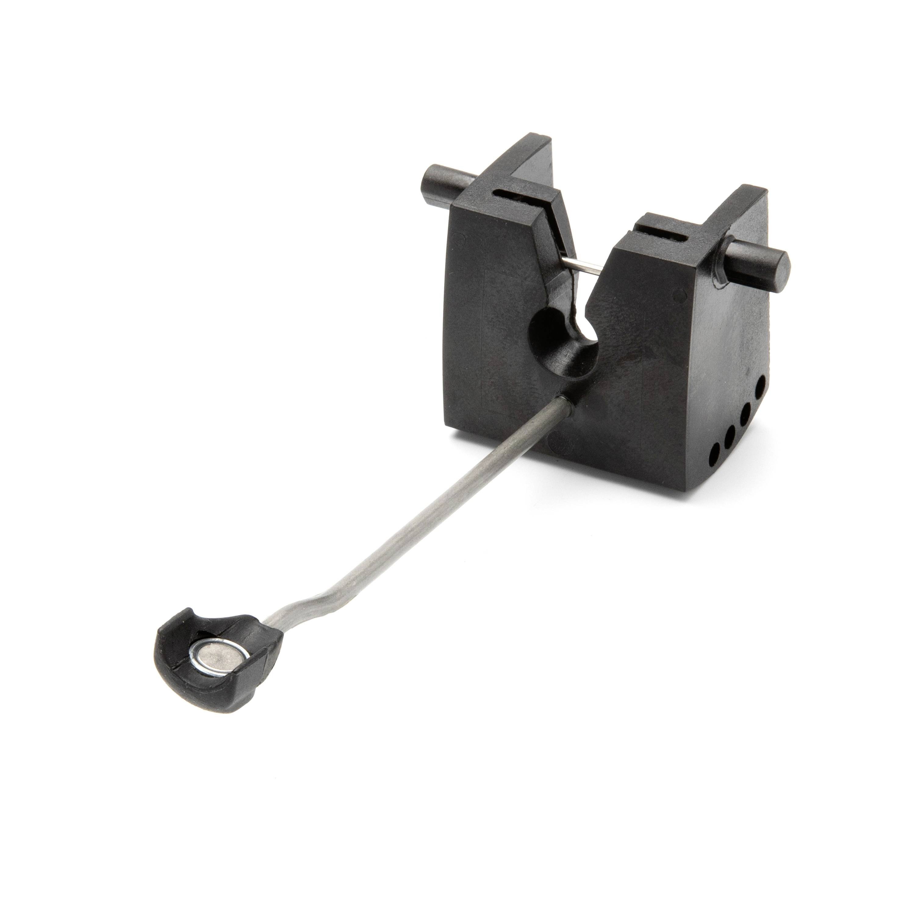 Black mechanical clamp or holder with a metal lever arm, isolated on a white background.
