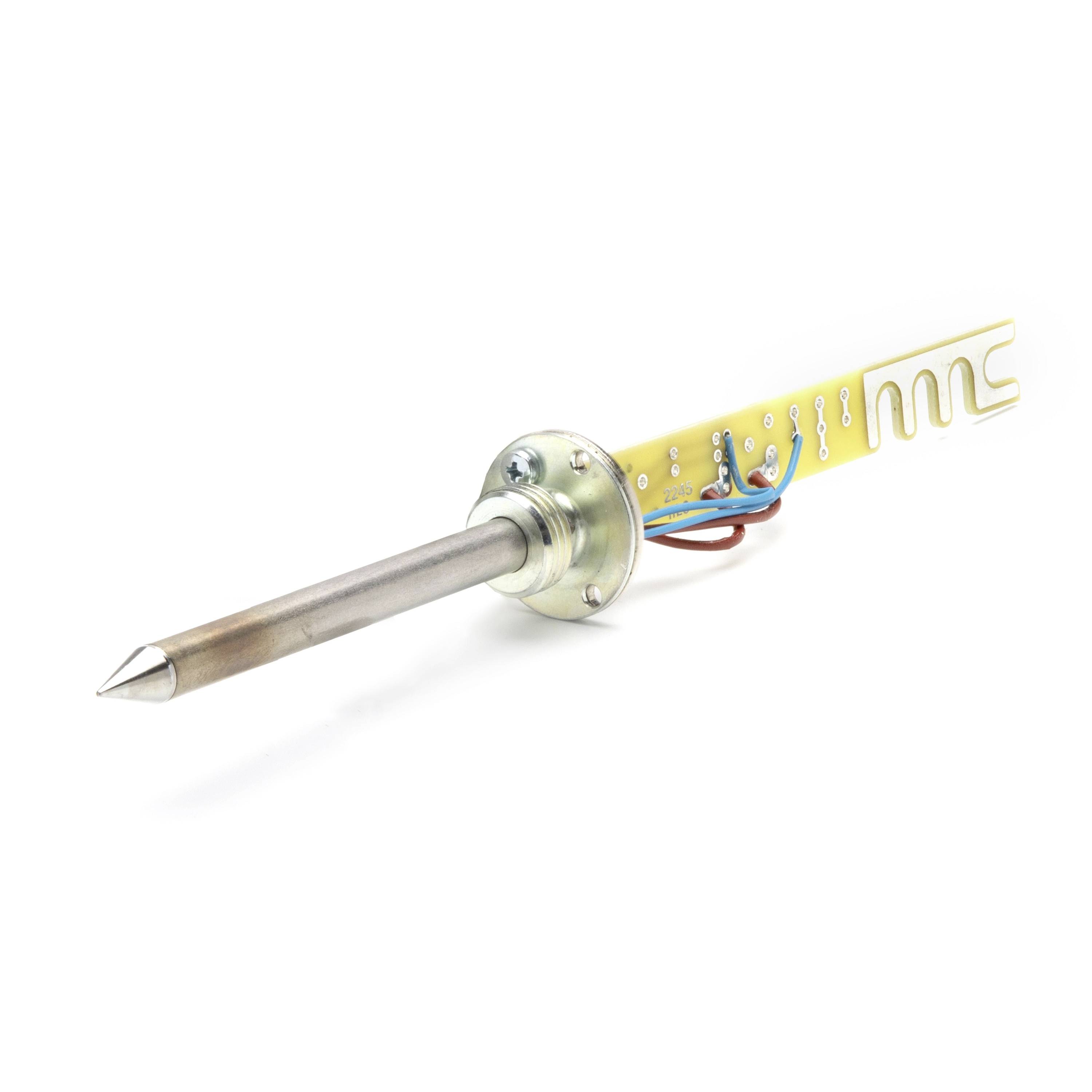 Close-up of a metal soldering iron heating element with exposed wires and a pointed tip on a white background.