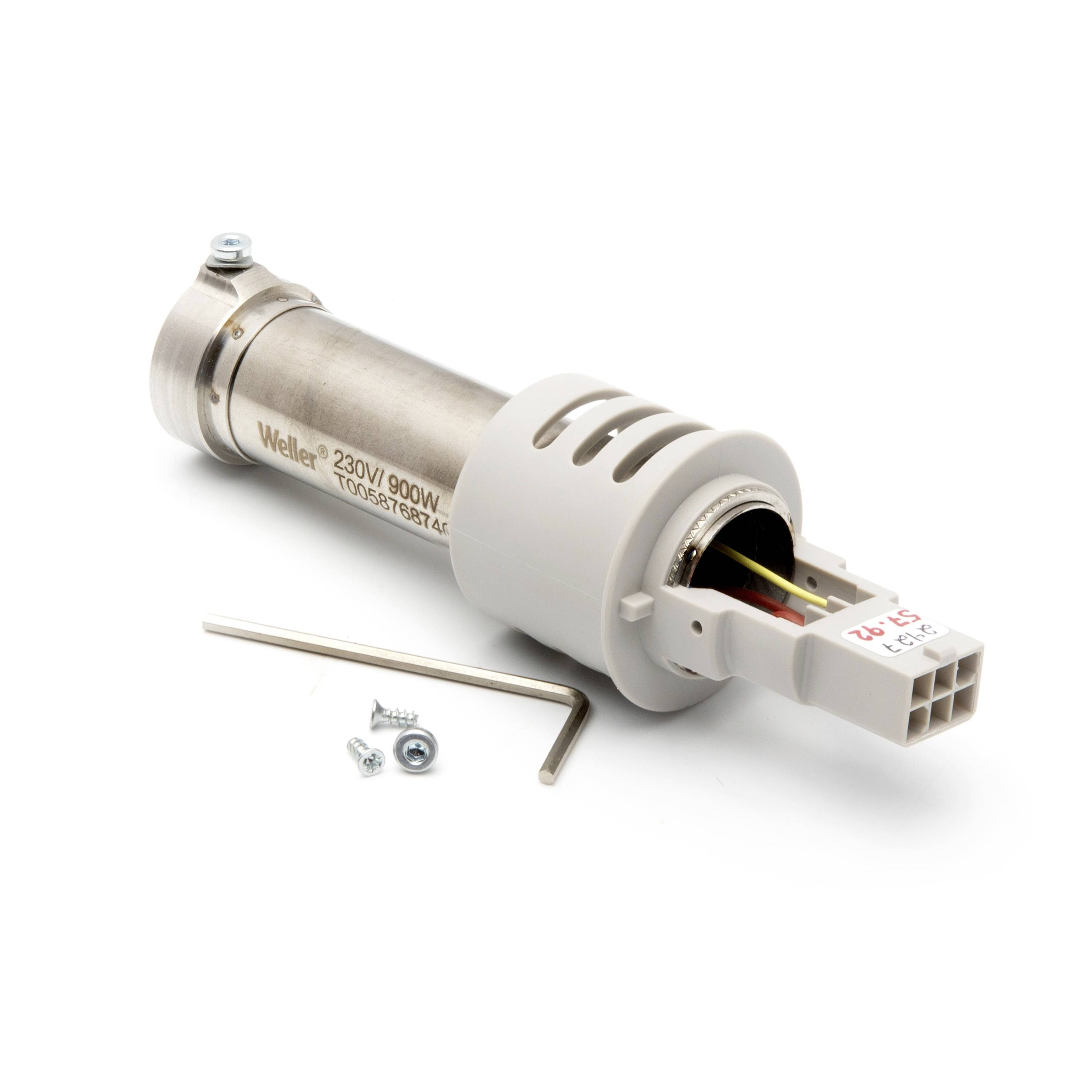 Cylindrical Weller heating element with attached connector, shown with small screws and an Allen key on a white background.