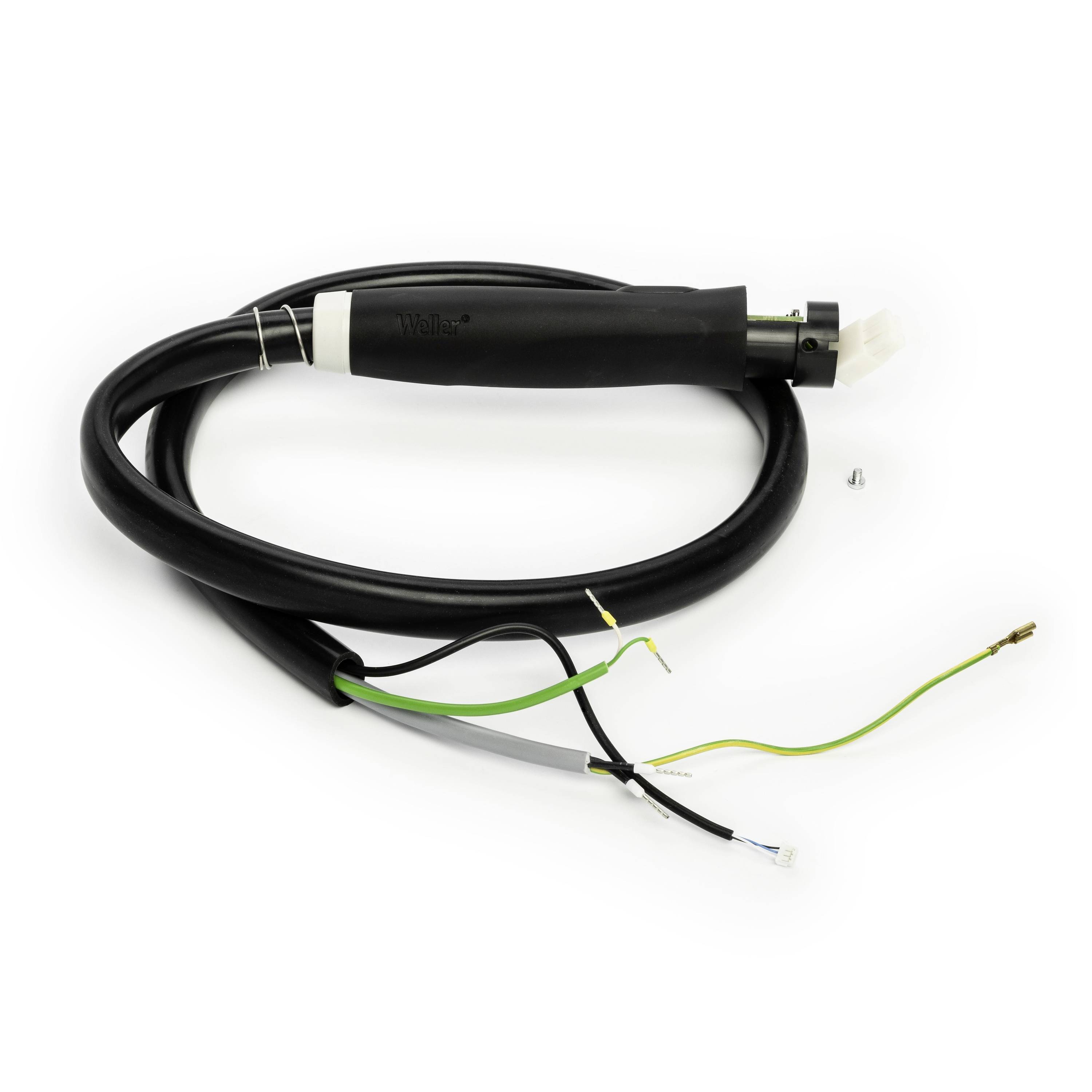 Black electrical cable assembly with exposed green, yellow, and black wires and a connector on one end on a white background