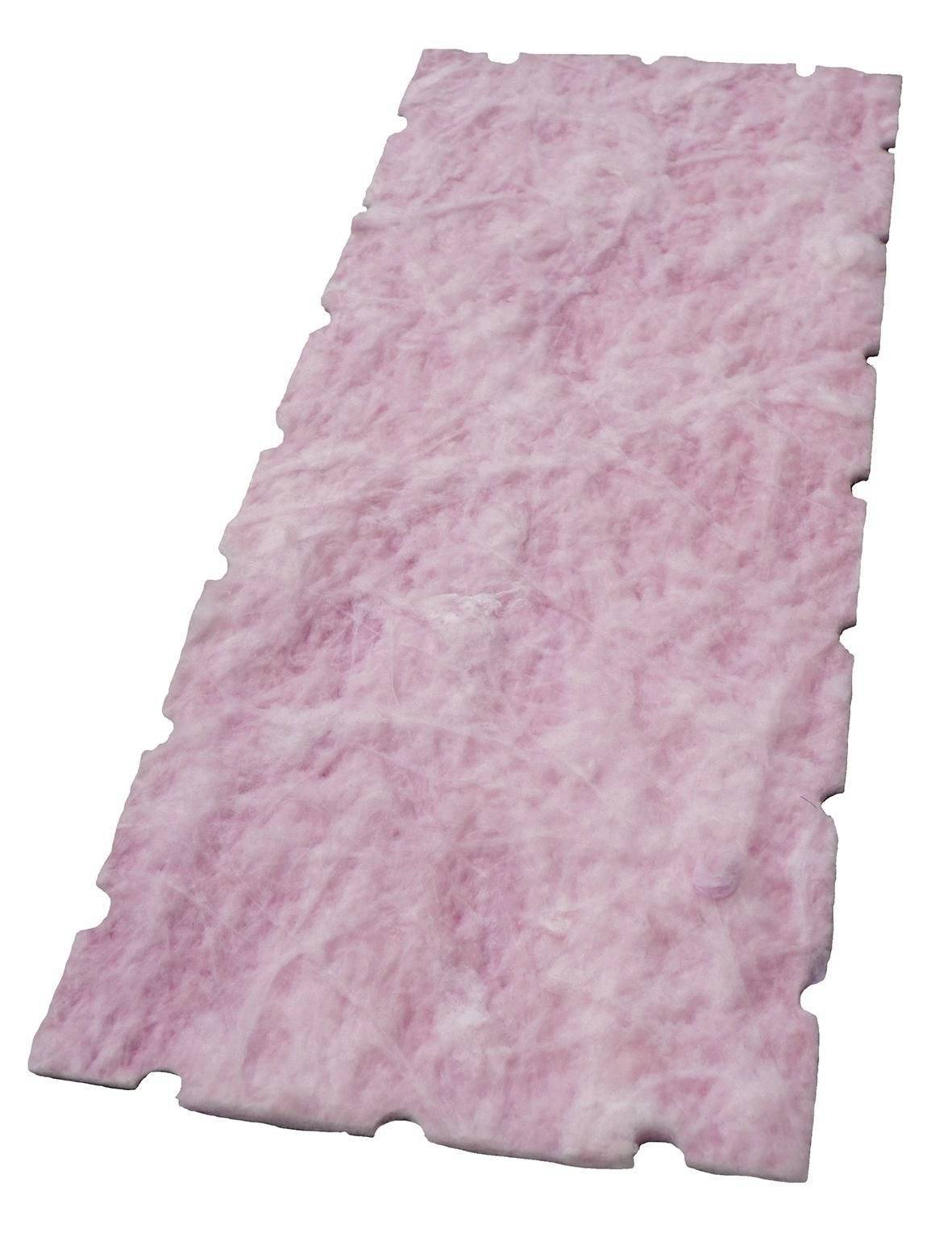 Pink insulating foam board panel with interlocking edges, shown on a white background.