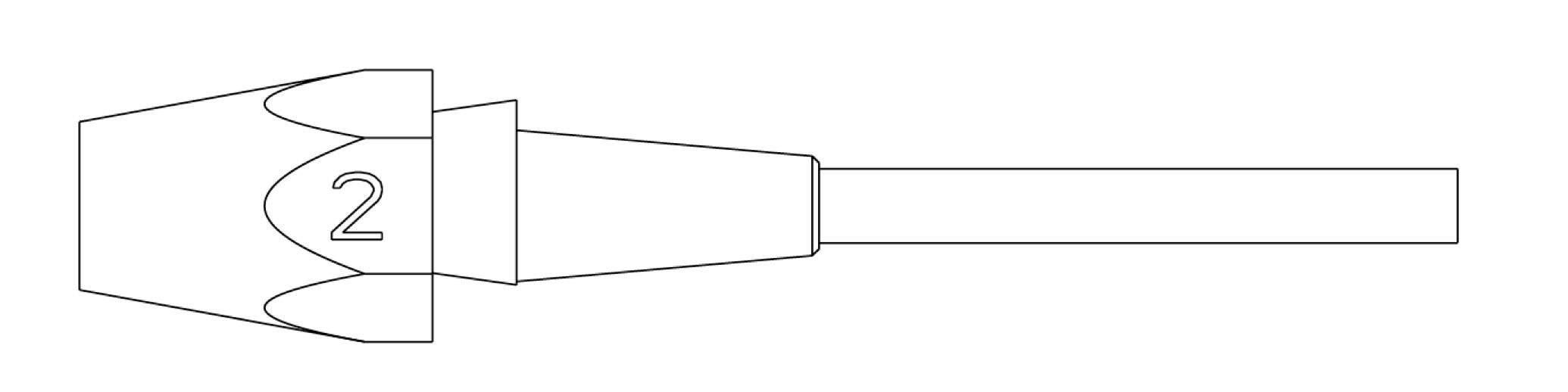 A technical line drawing of a tapered connector or plug with a long cylindrical shaft, labeled with the number 2 on the left section.