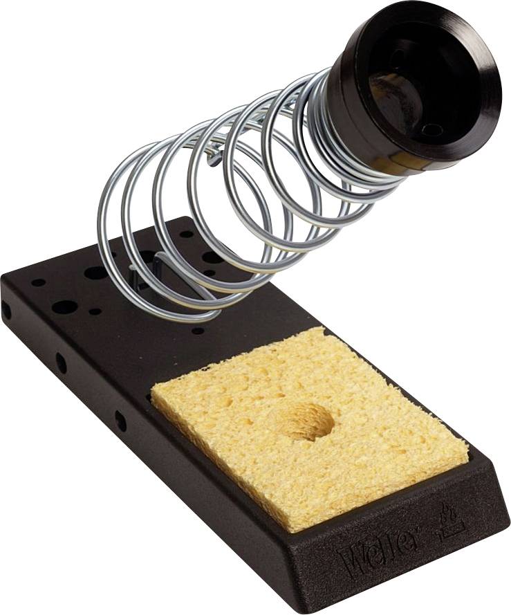 Soldering iron holder with a coiled metal spring and yellow sponge base for cleaning the iron tip.