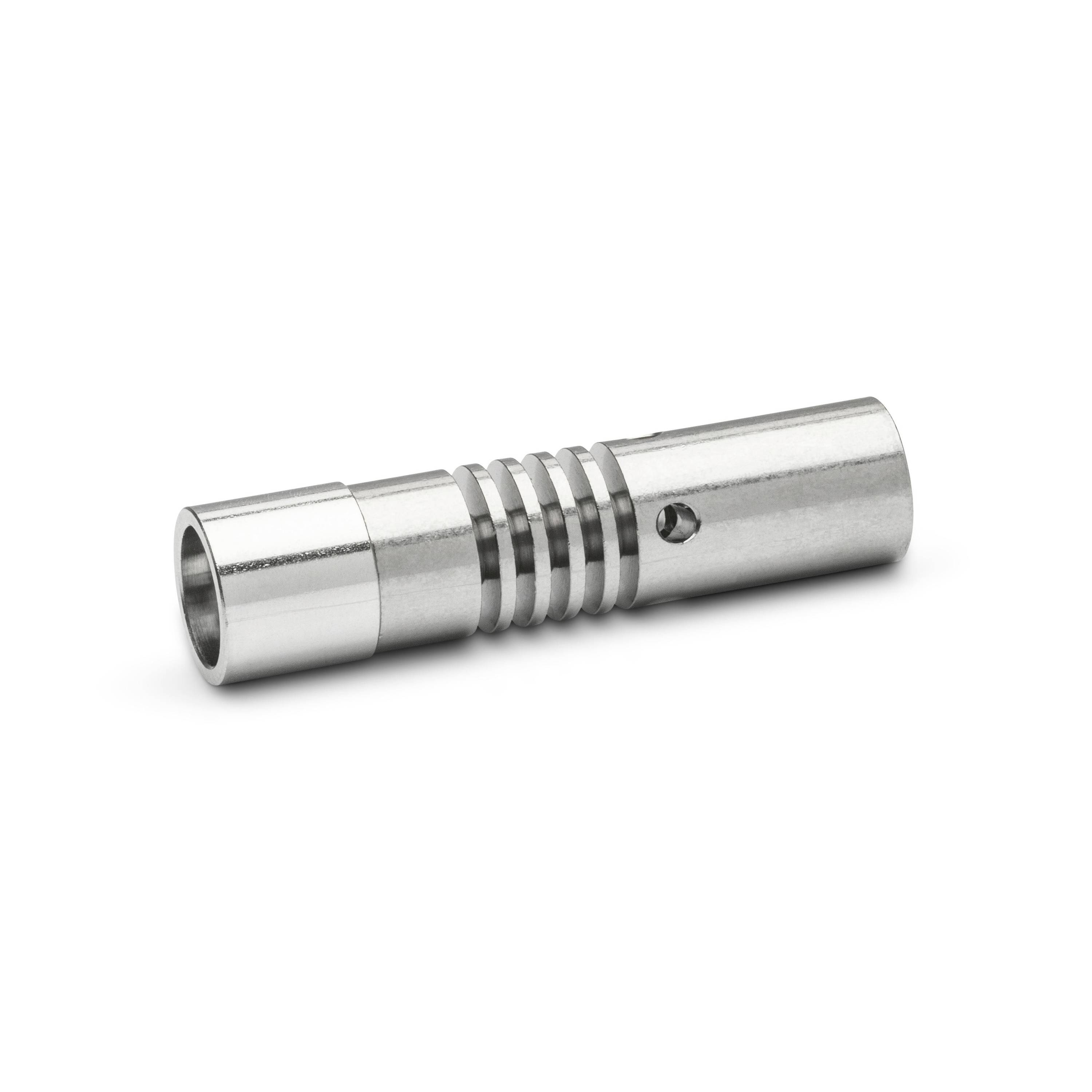 Metal cylindrical connector or shaft coupling with grooved center and side set screw on a white background.