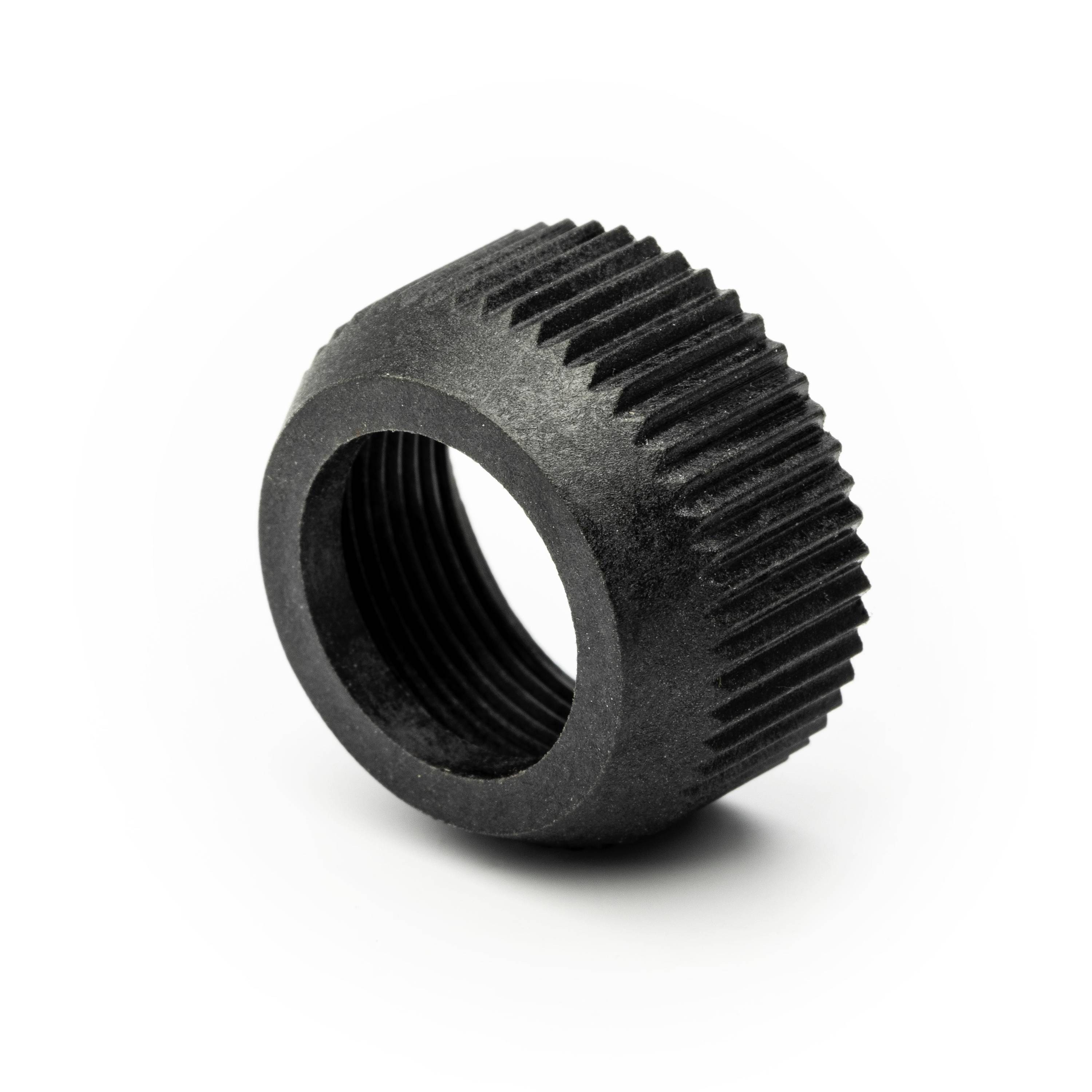 Black knurled threaded knob or cap with a hollow center, shown on a white background.