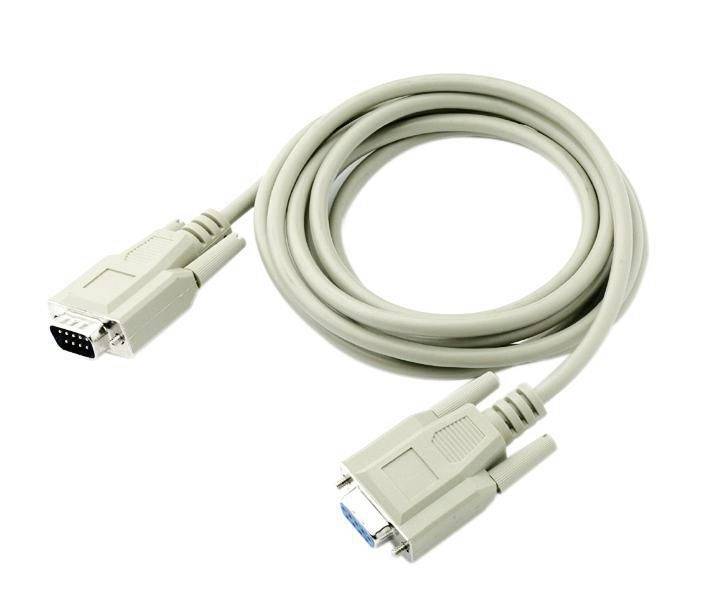Beige serial computer cable with DB9 connector on one end and VGA connector on the other, coiled on a white background.