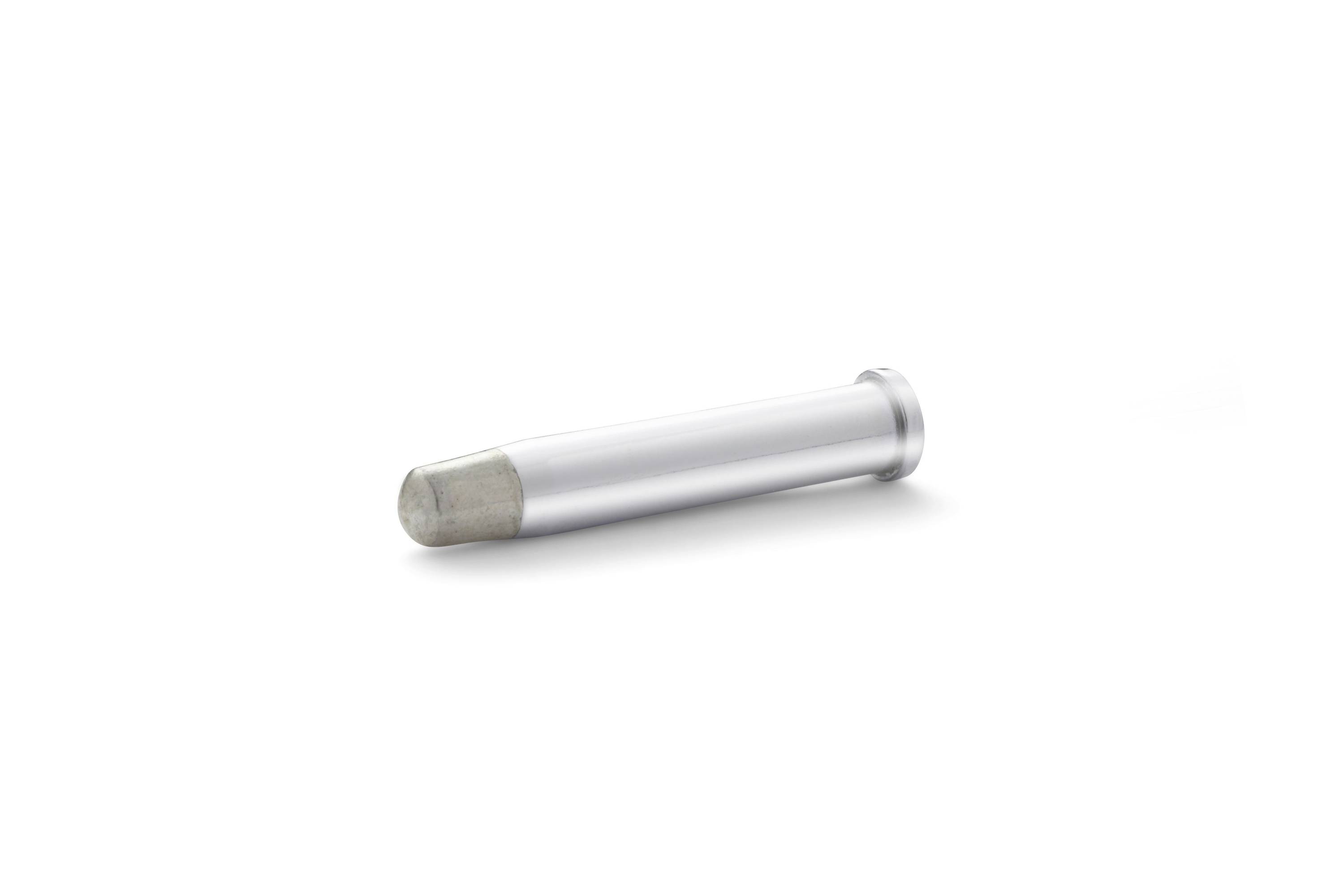A single silver metal cartridge casing lying on a white background.