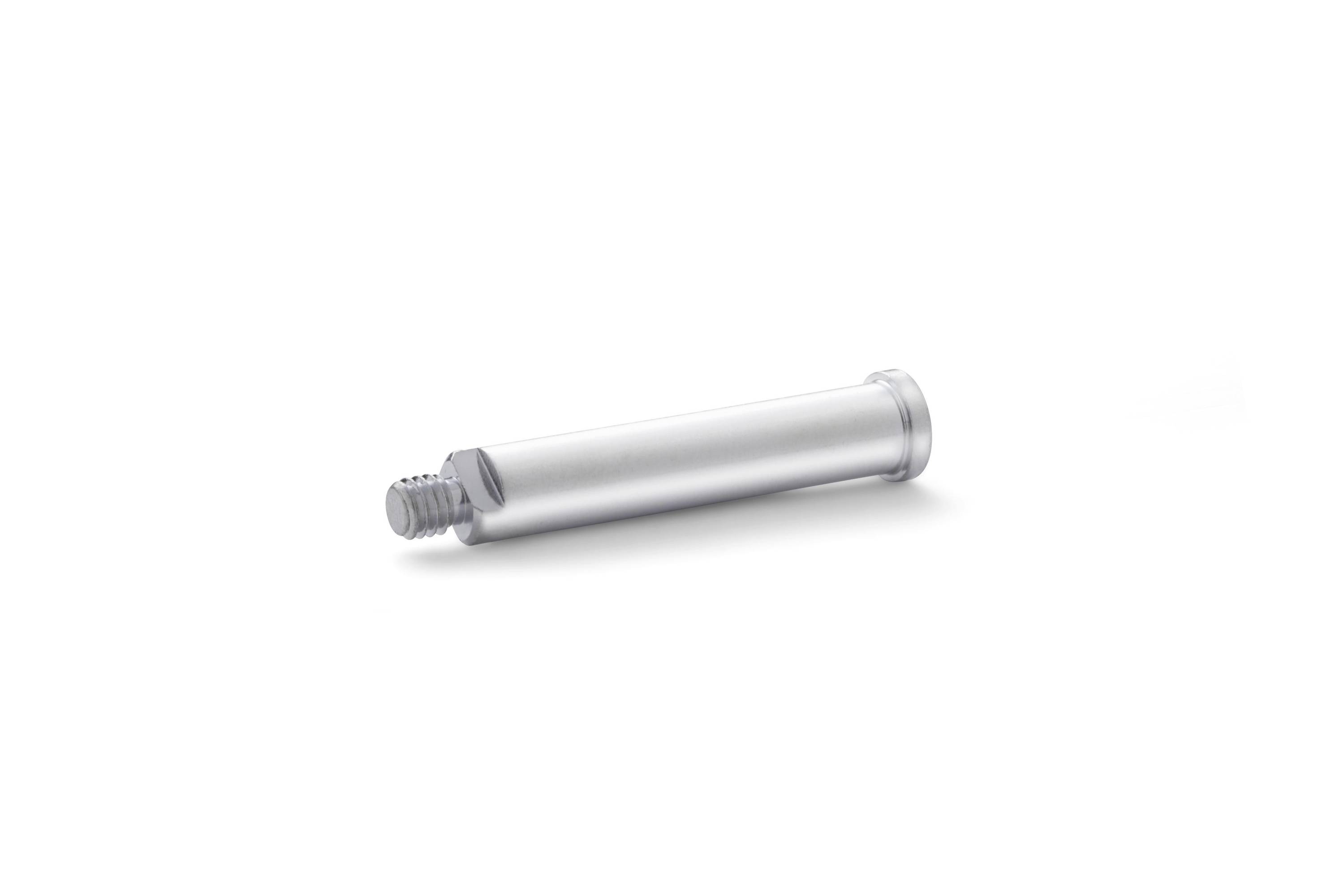 A silver threaded metal cylinder bolt or pin shown on a white background.