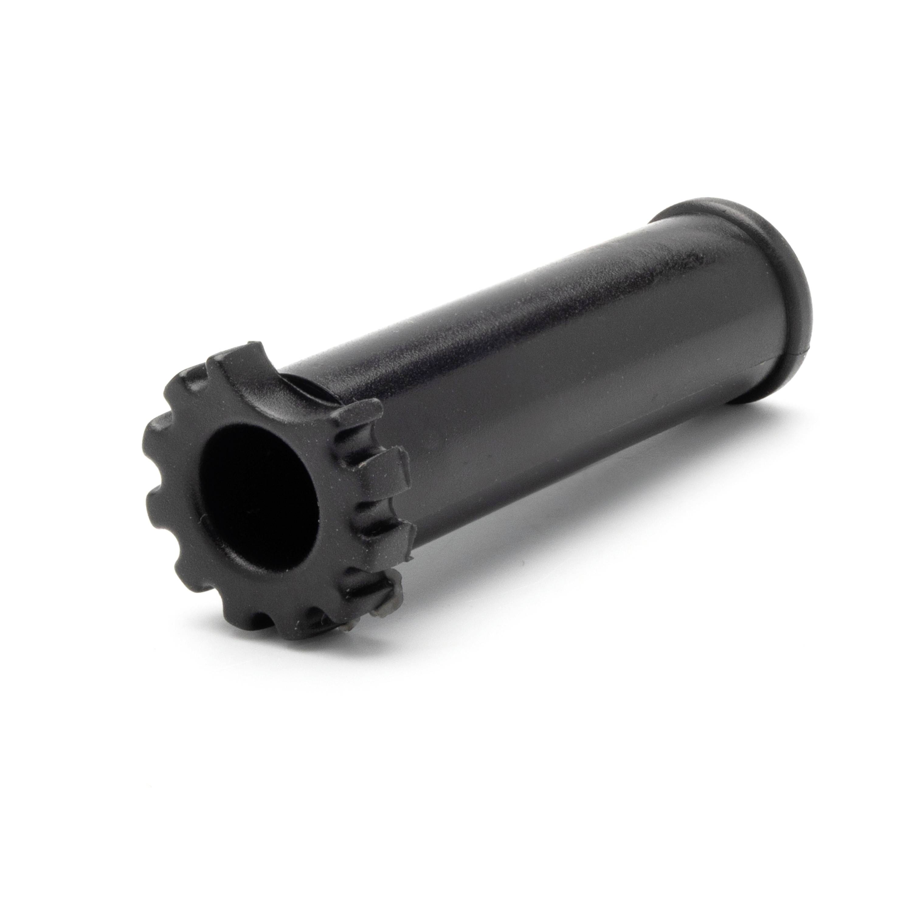 Black plastic cylindrical nozzle or connector with a flanged, gear-like front opening on a white background.