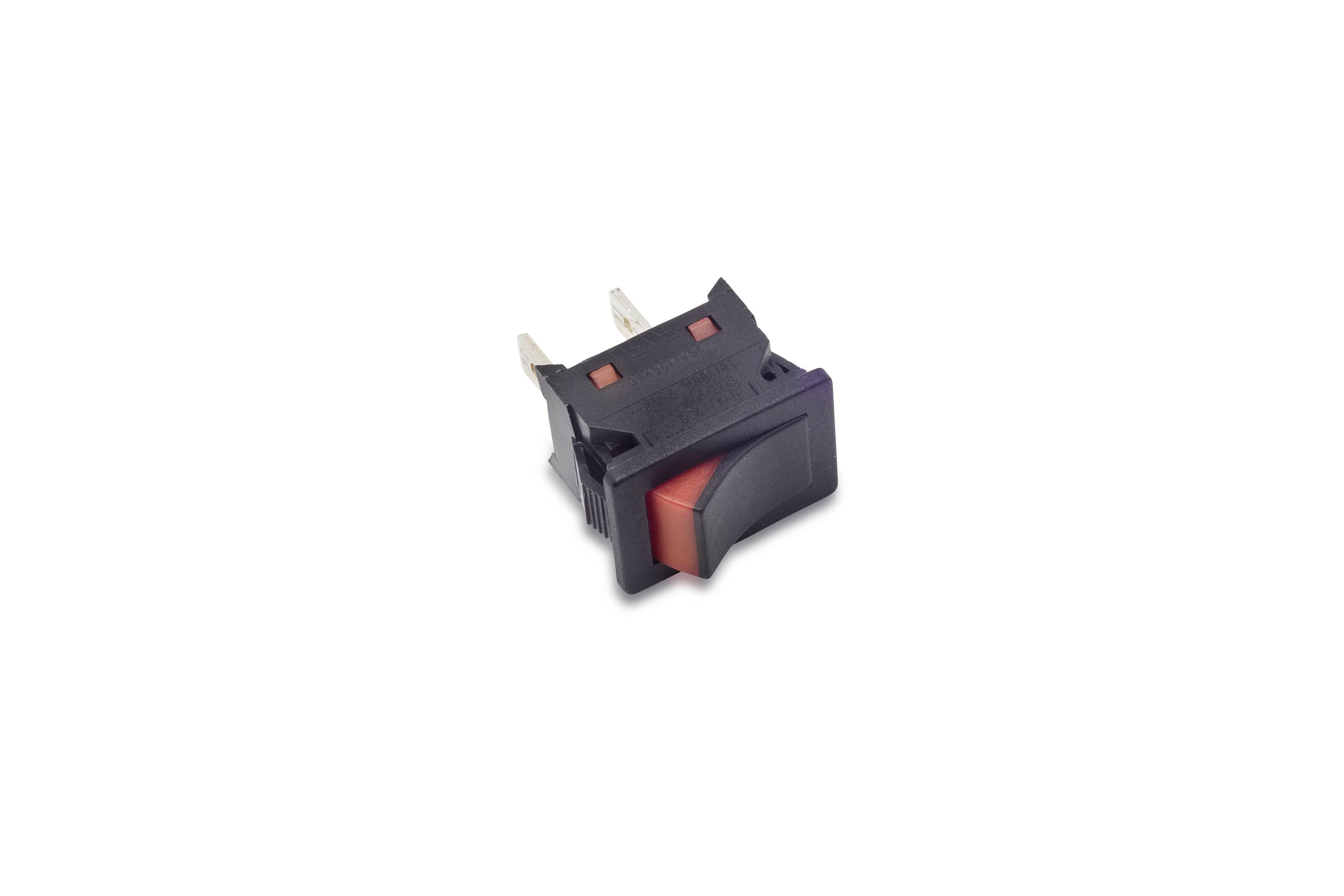 Close-up of a black and red rocker switch with metal terminals on a white background.