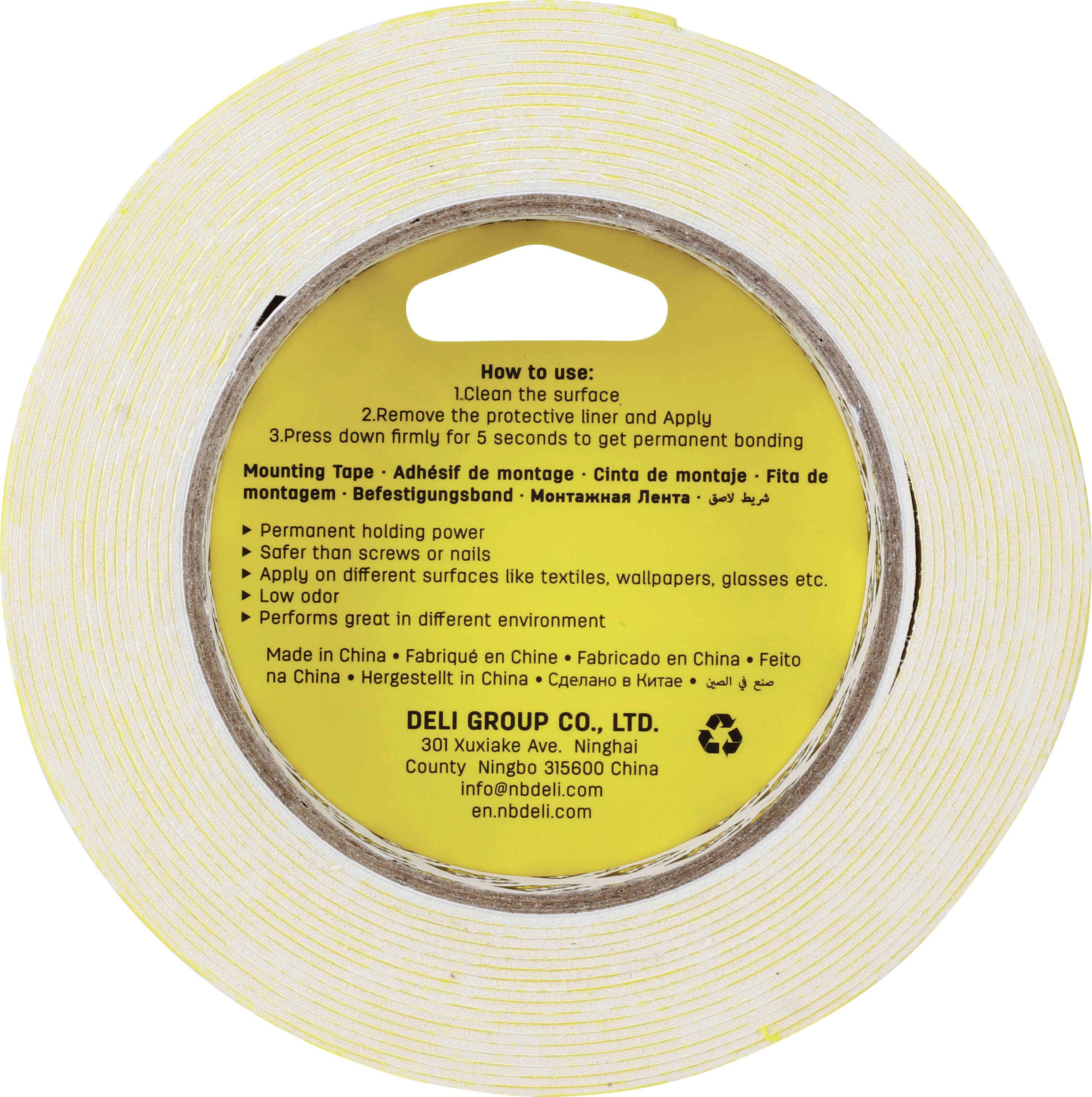 Roll of double-sided mounting tape with yellow label giving usage instructions and product details.
