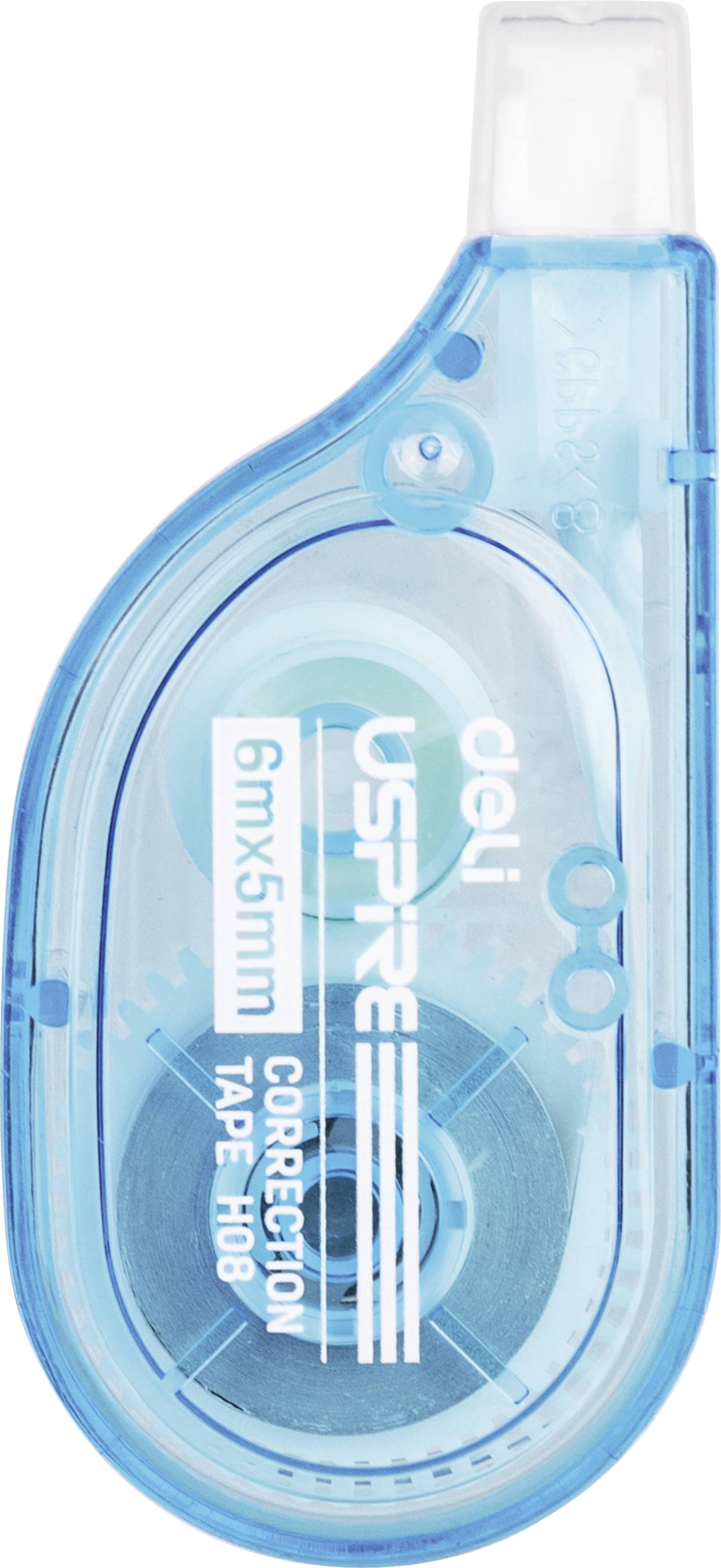 Blue correction tape dispenser labeled 'deli' and '6mm x 5m CORRECTION TAPE' on a white background.