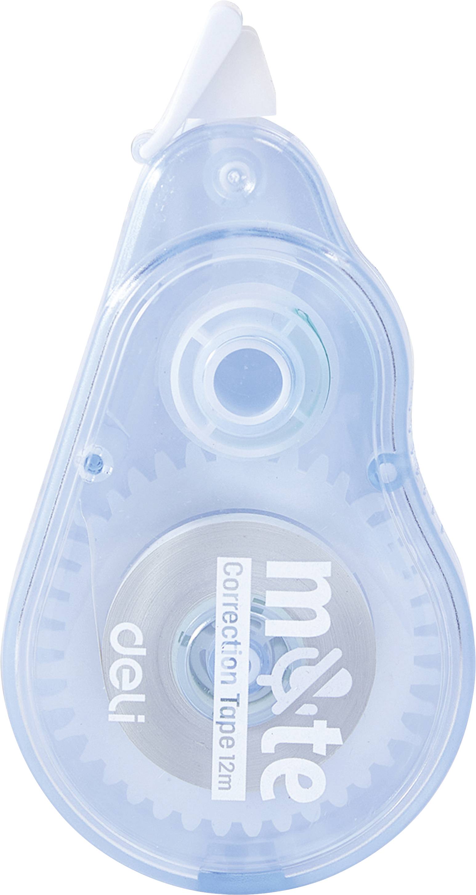 Blue correction tape dispenser with translucent case and white cap, labeled 'myte correction tape 12m' and 'deli'.