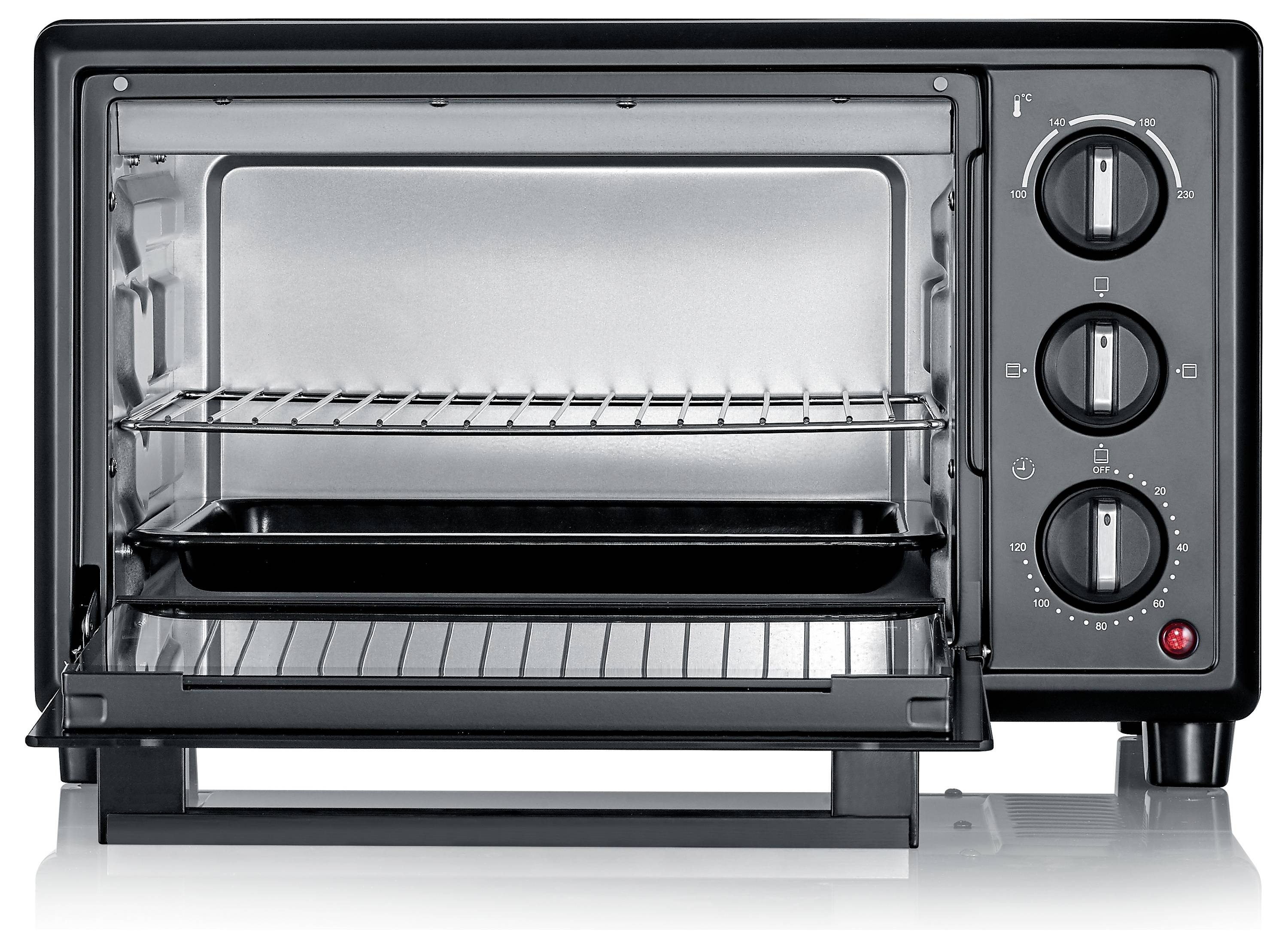 Open black countertop toaster oven with glass door, two wire racks, three control knobs, and a red indicator light.