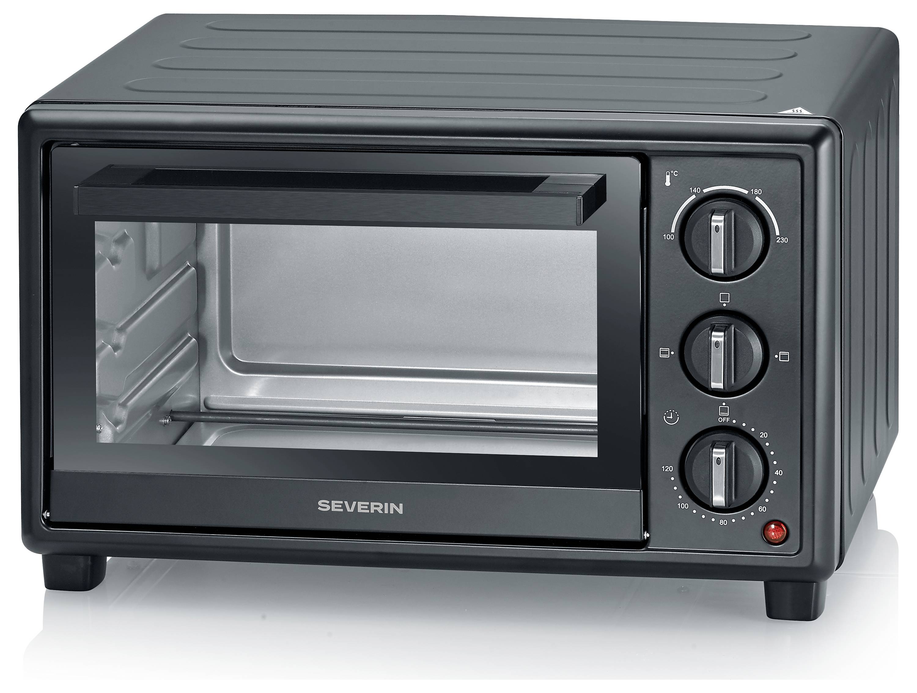 Black countertop toaster oven with glass door and three control dials on the right.