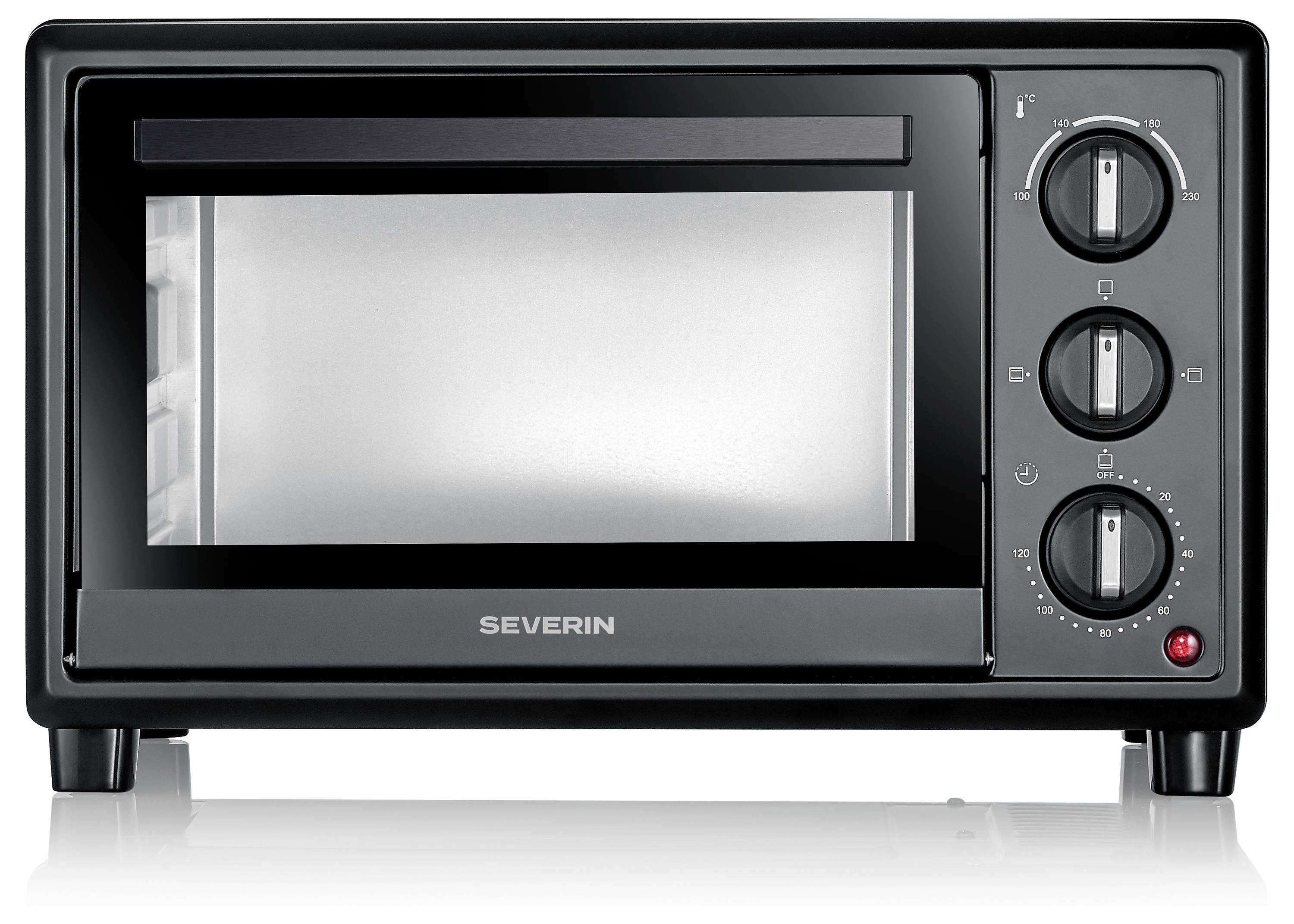 Black countertop toaster oven with glass door, three control dials on the right, and SEVERIN logo on the front.