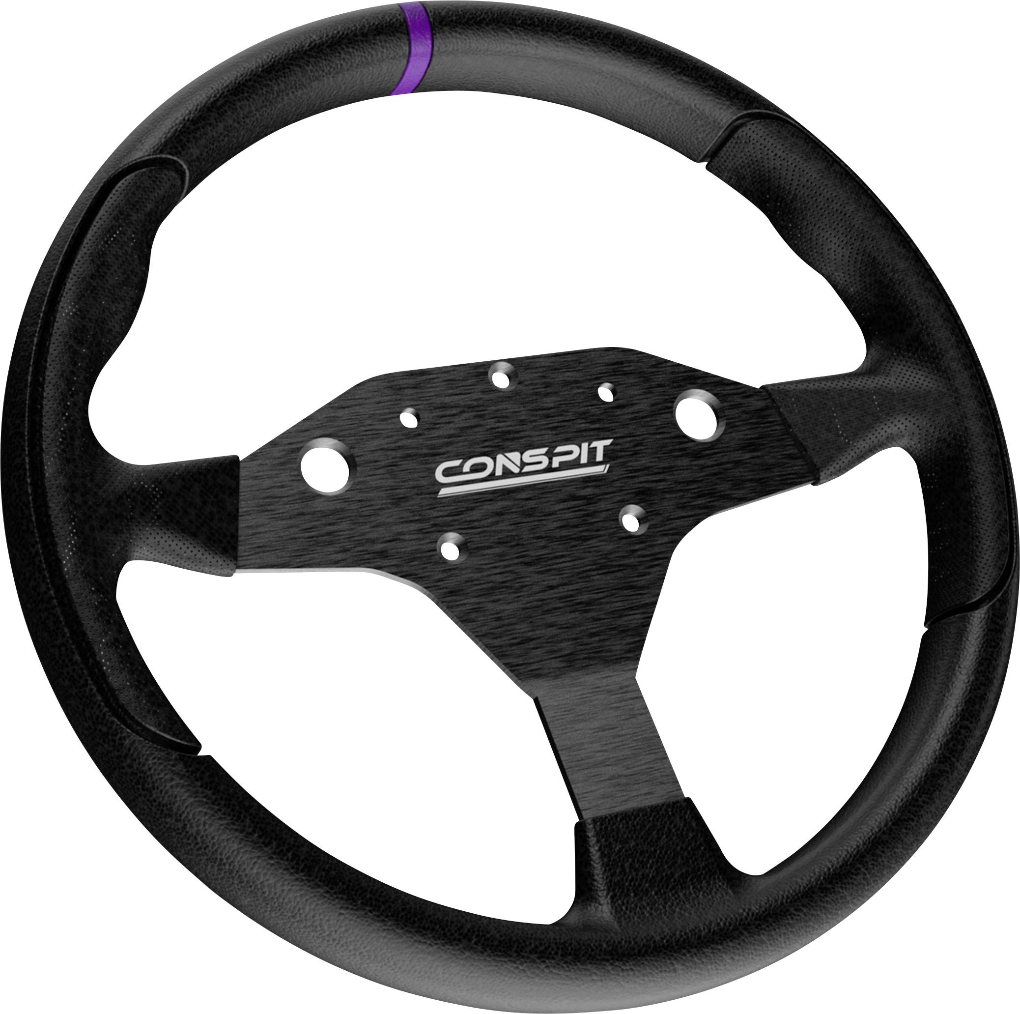 Black Conspit racing steering wheel with three spokes and a purple top center marker on a white background.