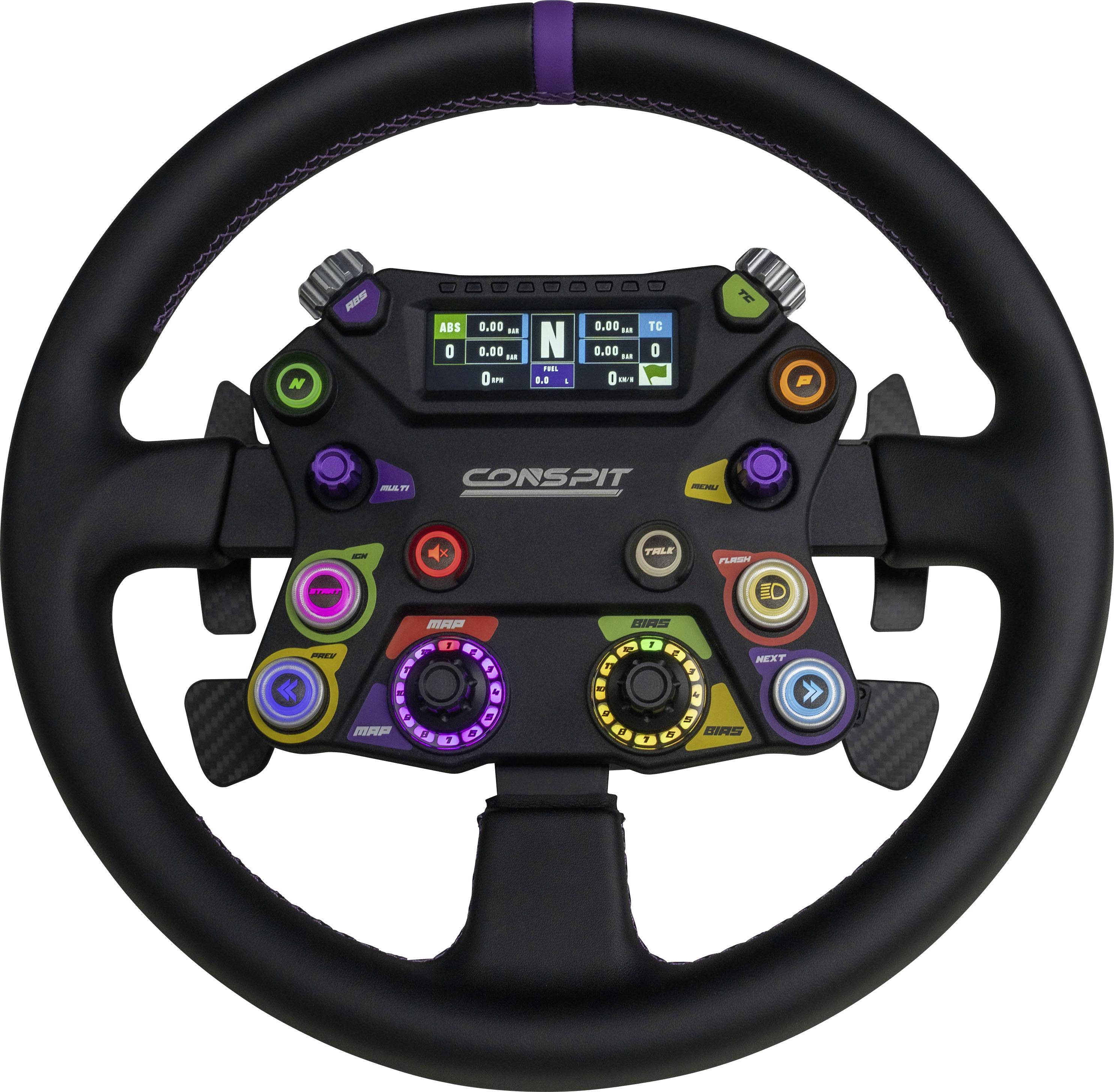 Front view of a CONSPIT racing simulator steering wheel with multiple colored buttons, rotary dials, paddle shifters, and a central digital display.