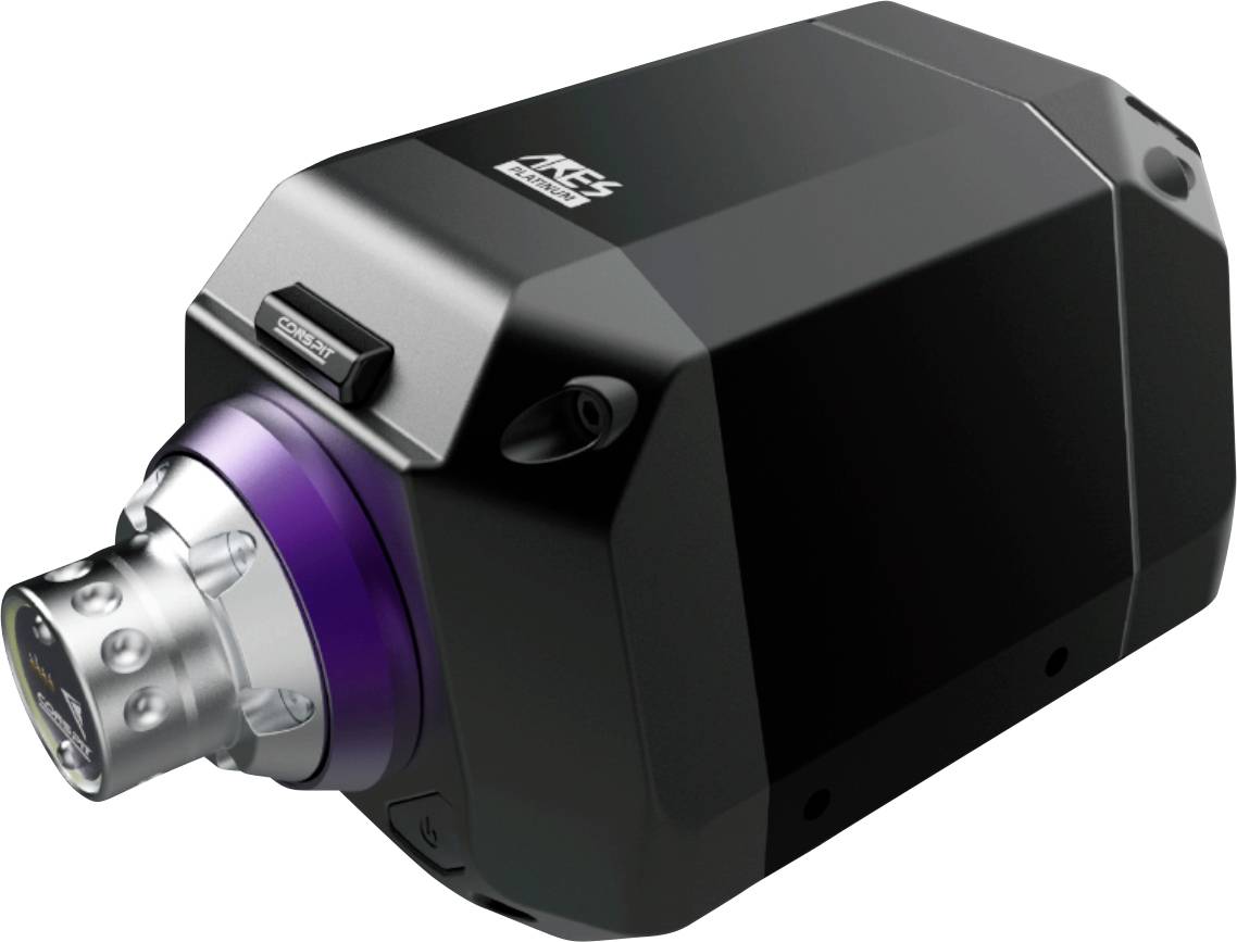 Black industrial camera sensor with silver front lens mount and purple ring, shown in three-quarter view on a white background.