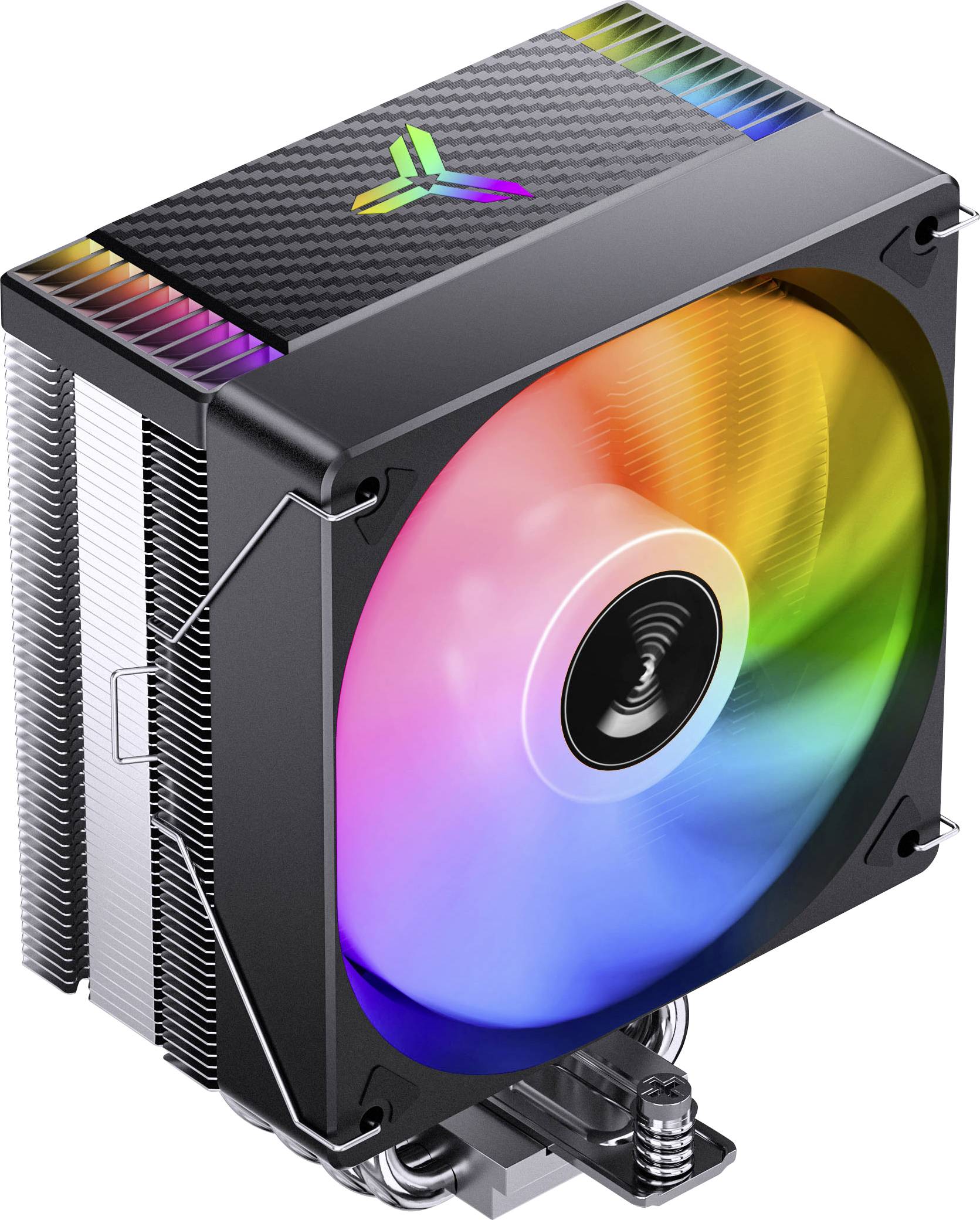 RGB CPU air cooler with a large rainbow-lit fan and dual metal heatsinks, shown in a product-style view.
