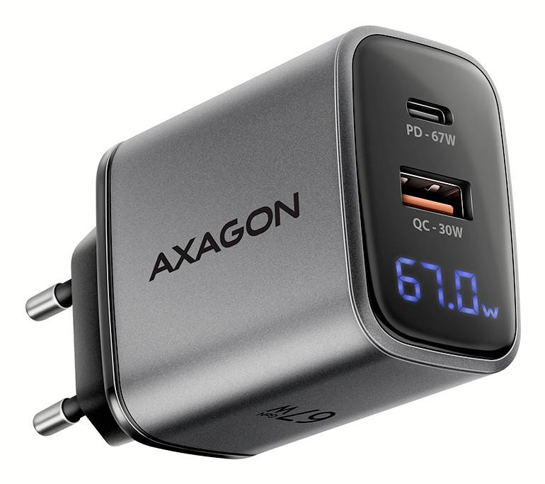 AXAGON wall charger with USB-C PD 67W port, USB-A QC 30W port, and blue digital power display.