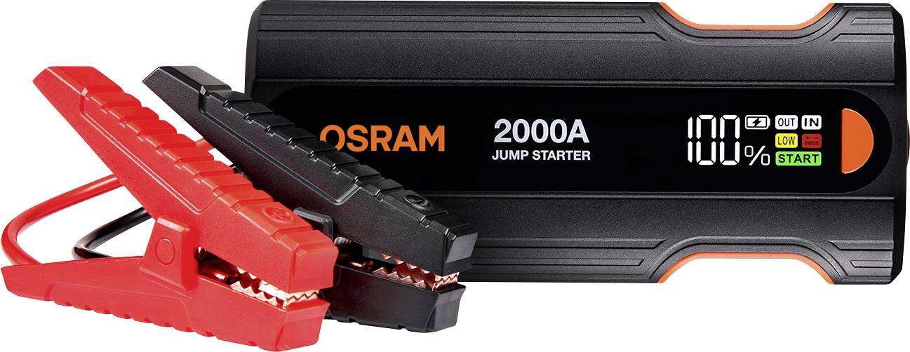 OSRAM 2000A jump starter with red and black battery clamps attached, showing a 100% charge indicator and start/status lights.