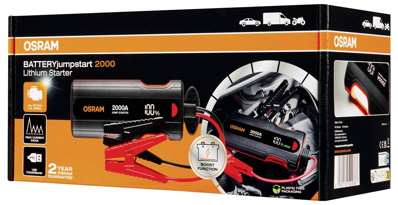 OSRAM BatteryJumpstart 2000 lithium starter kit box with jump starter unit and red clamp cables pictured on the packaging.