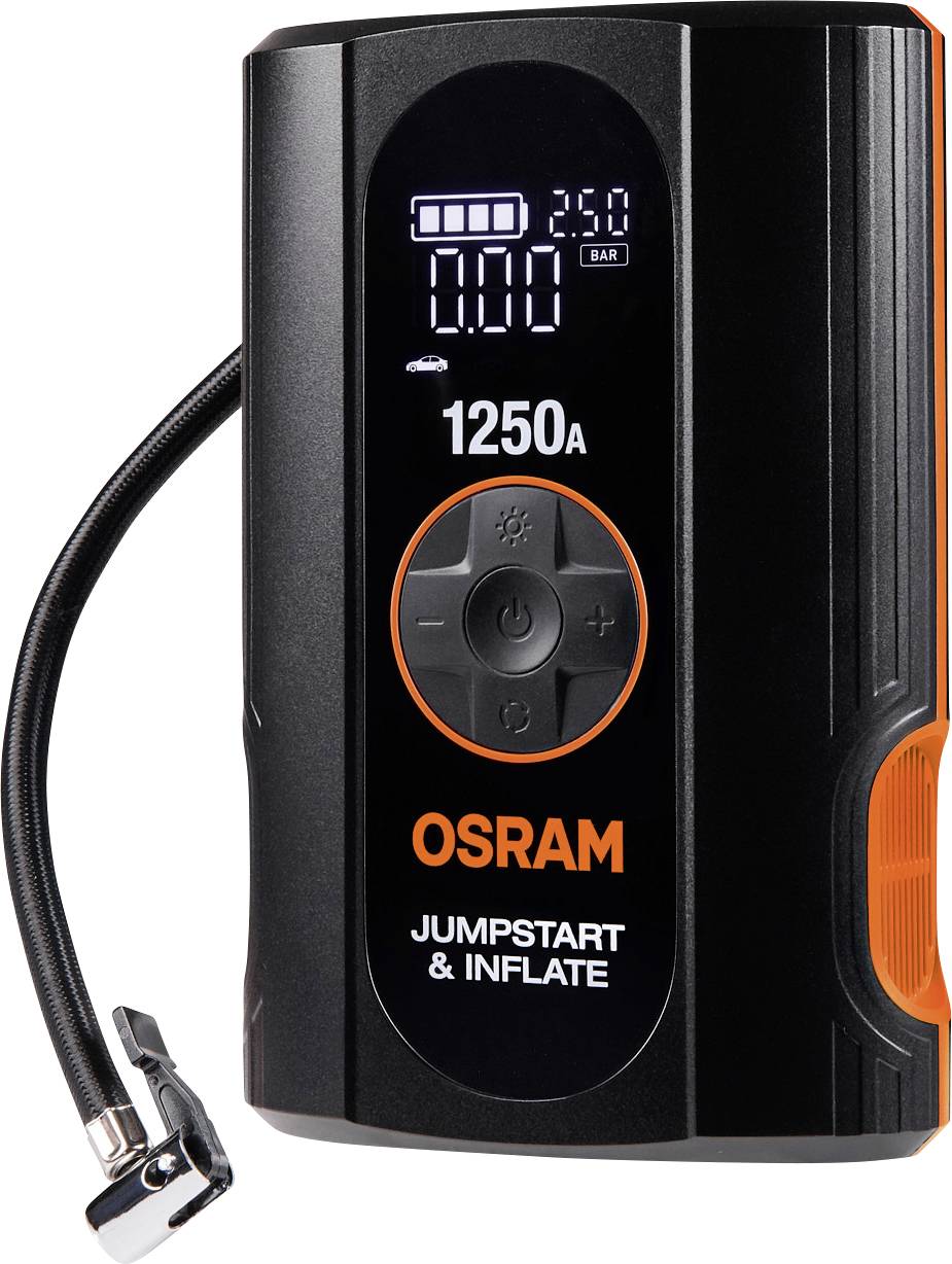 OSRAM Jumpstart & Inflate portable battery pack with digital pressure display, 1250A rating, control buttons, and attached air hose clip.