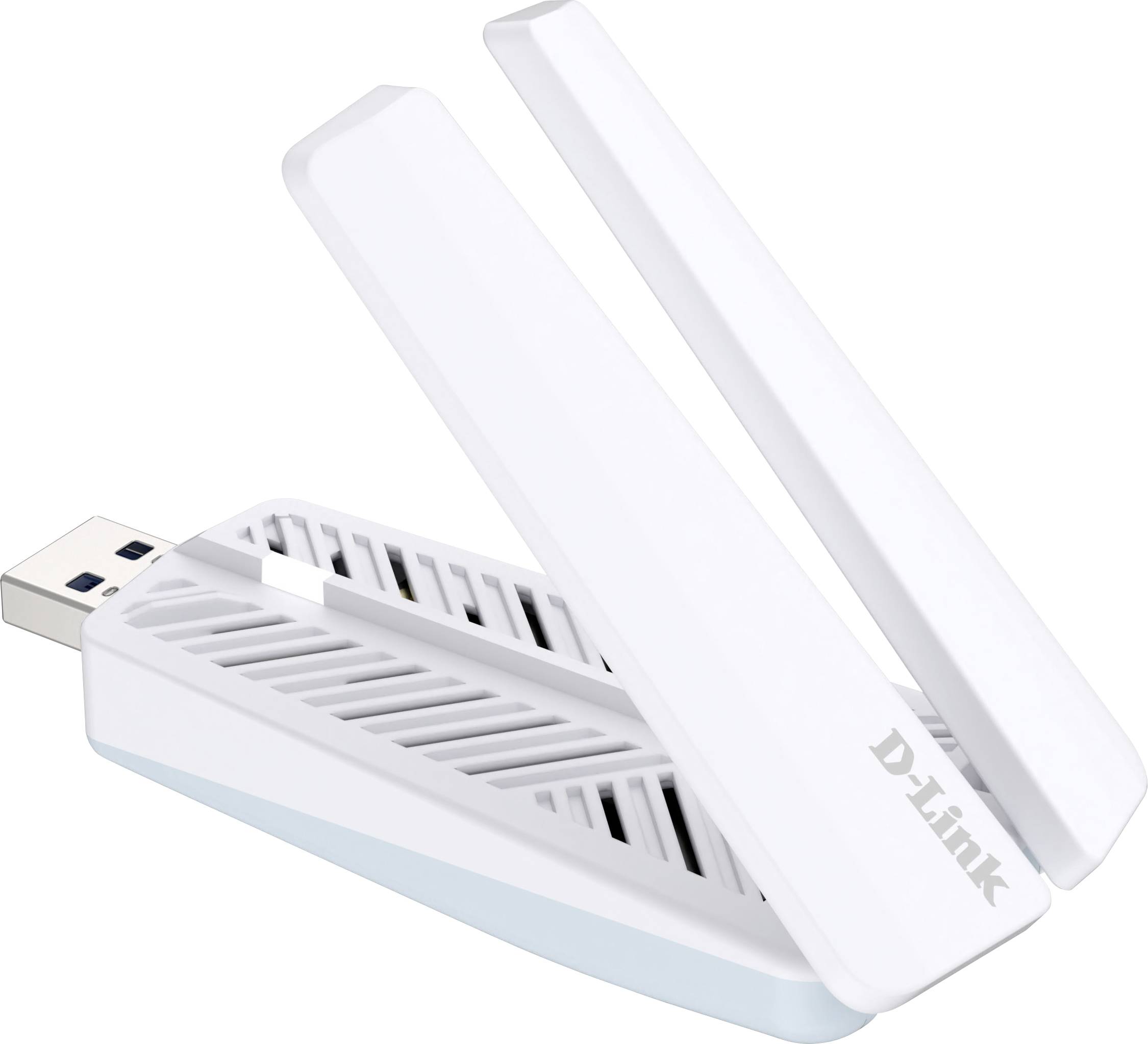 White D-Link USB Wi-Fi adapter with two fold-out antennas on a white background.