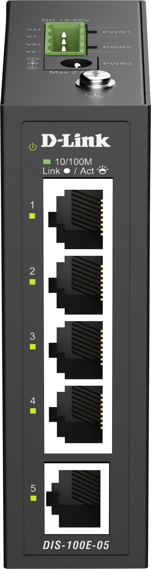 D-Link DIS-100E-05 industrial Ethernet switch with 5 numbered ports and status LEDs on a gray metal housing.