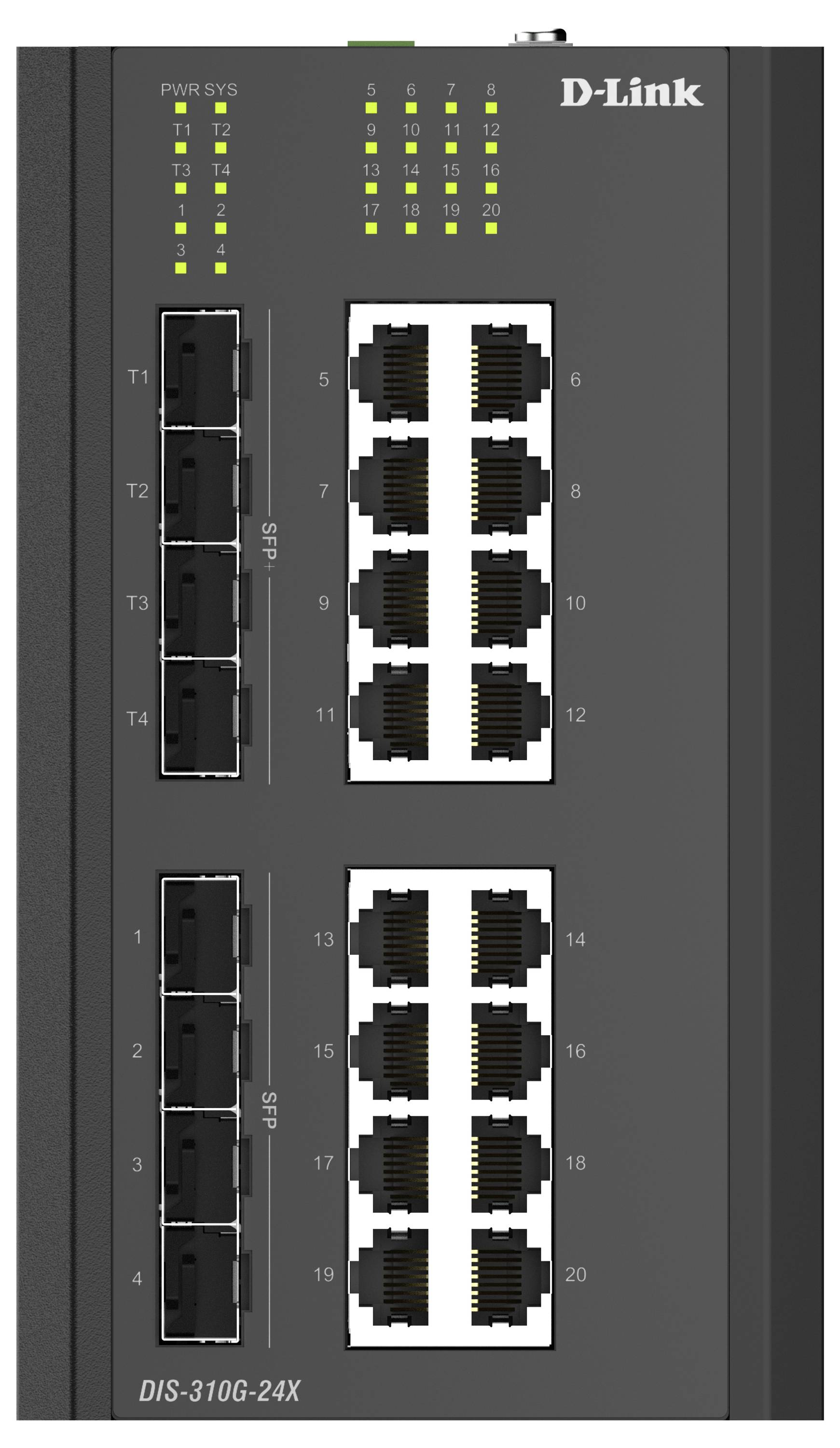 D-Link DGS-310G-24X network switch front panel with 24 Ethernet ports and status LEDs