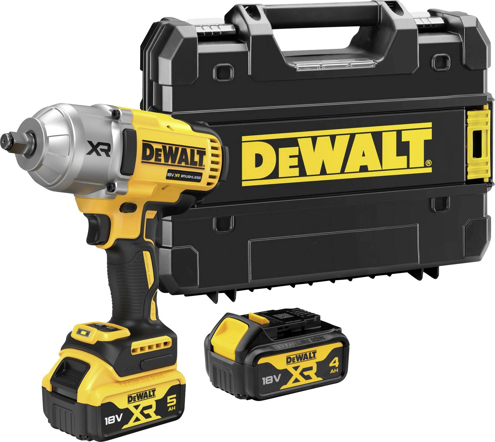 DEWALT 18V XR cordless impact wrench kit with carrying case and two batteries, one 5Ah and one 4Ah.
