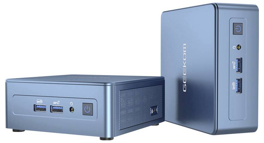 Two blue Geekom mini PCs, one horizontal and one vertical, showing front USB ports, power button, and sleek compact metal cases.