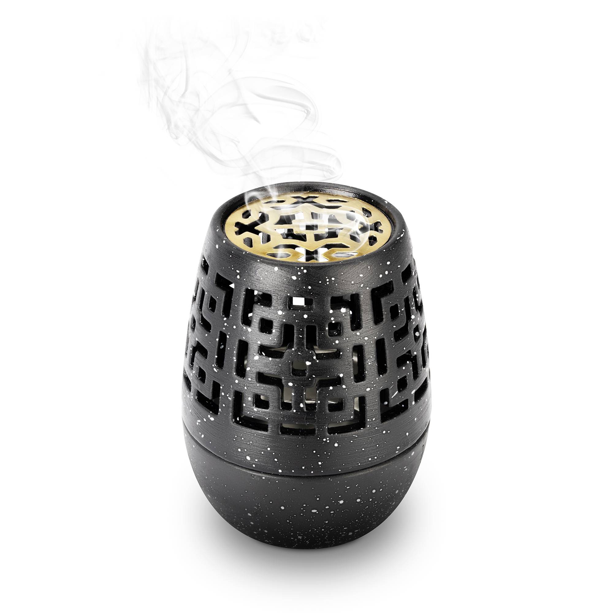 Black cylindrical tabletop incense burner with smoke rising from the top opening