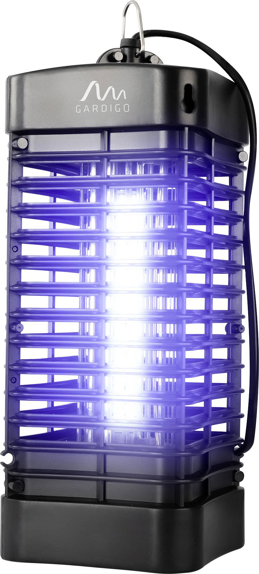 Black electric insect zapper trap with glowing purple-blue UV light inside a protective cage, brand 'GARDIGO' on top.