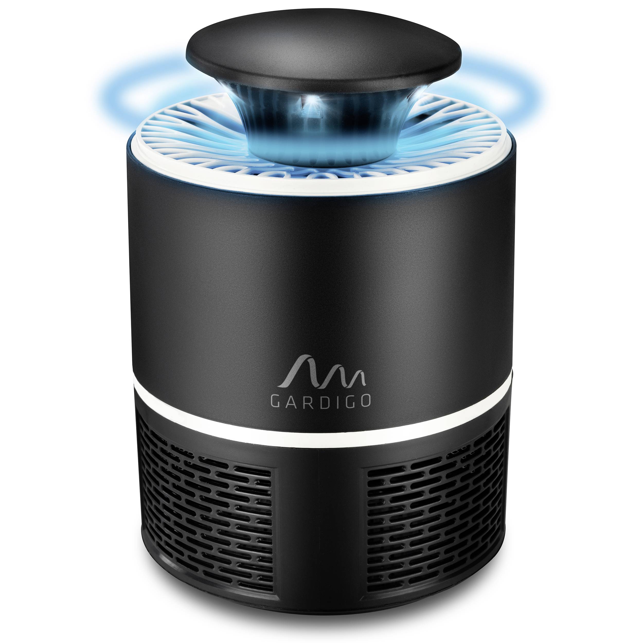 Black cylindrical GARDIGO air purifier with blue glowing top vent and black lid, shown against a white background.