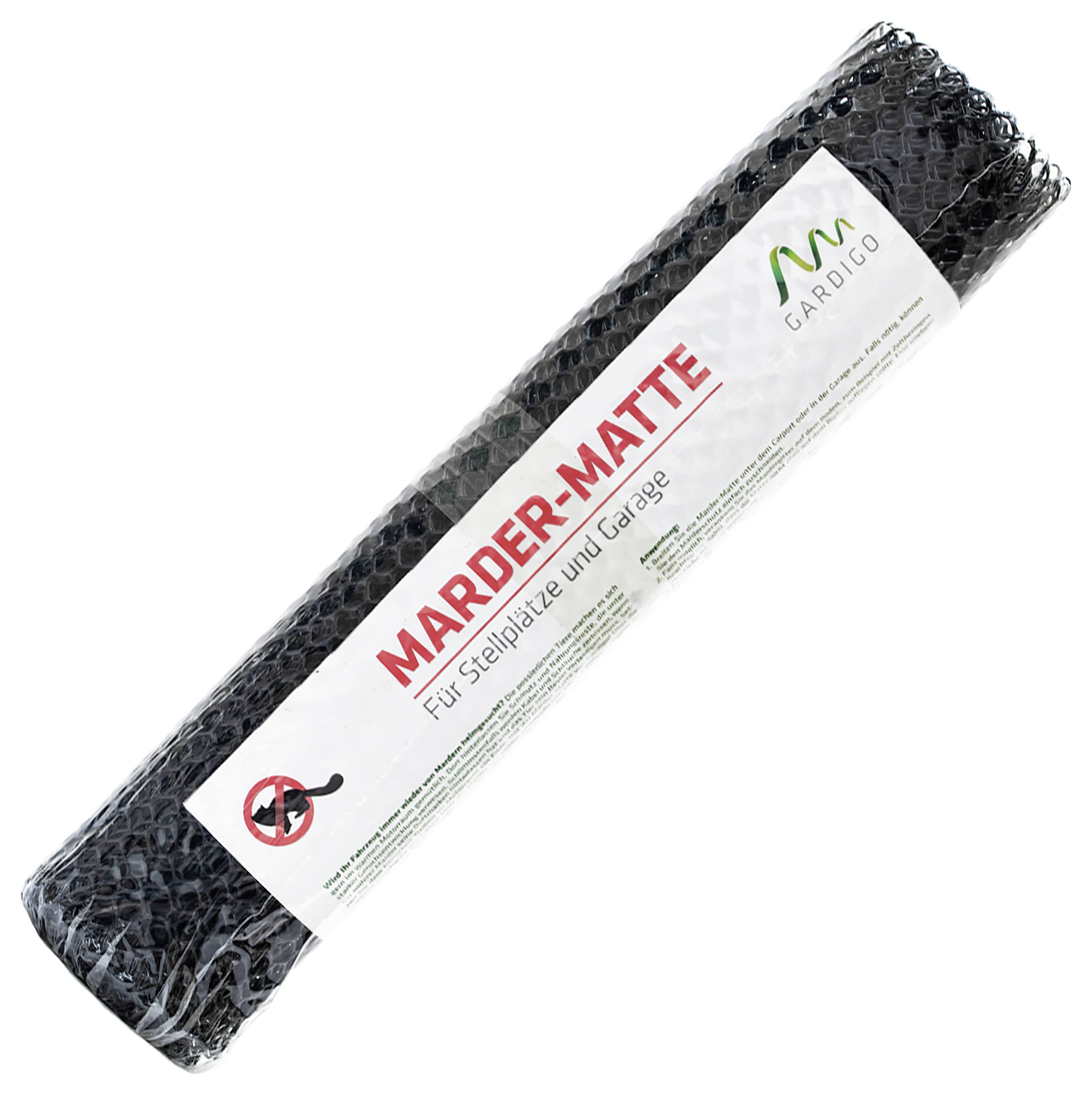 Rolled black anti-slip garage floor mat in packaging labeled 'MARDER-MATTE' and 'für Stellplätze und Garage'.