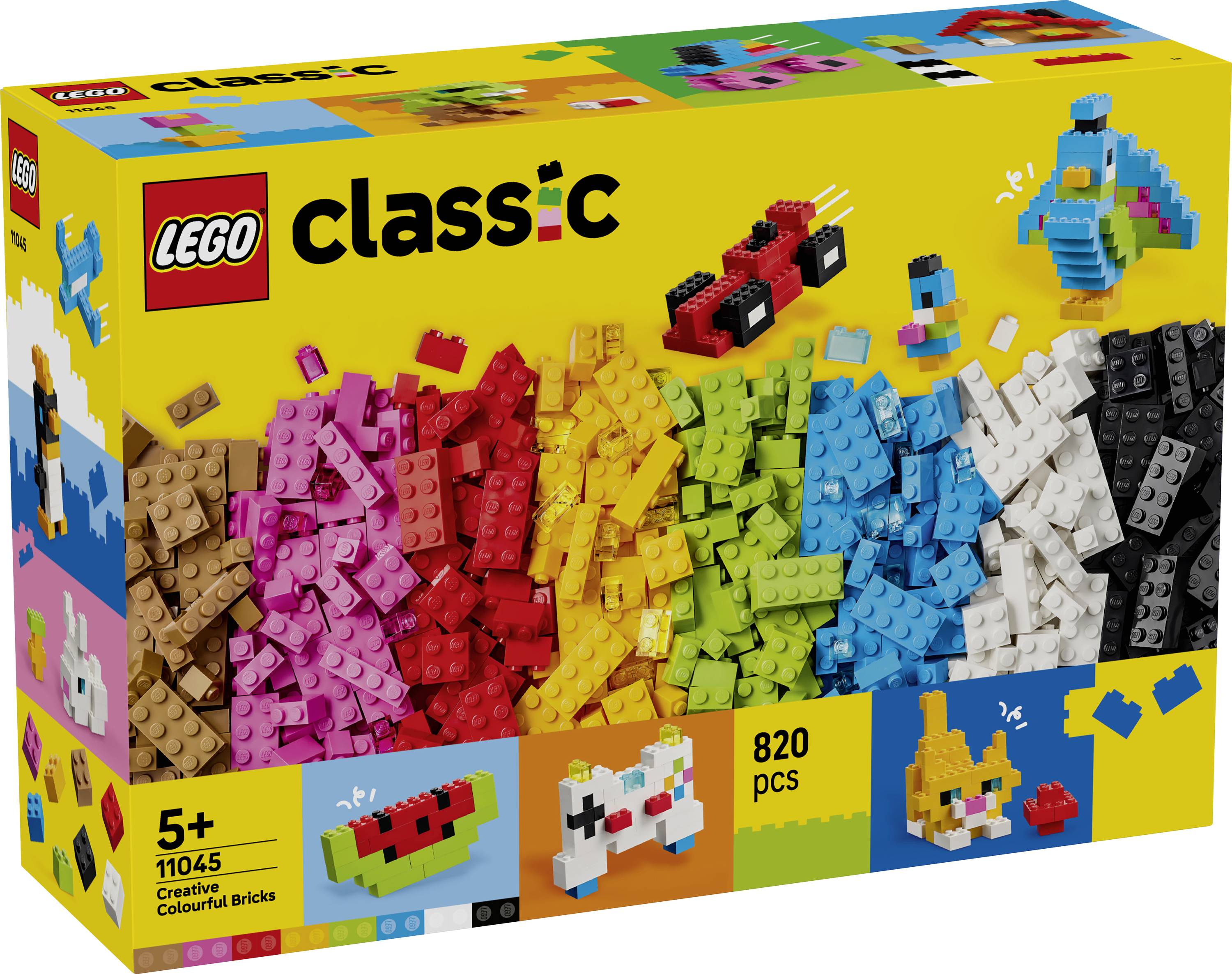 LEGO Classic Creative Bricks box with 820 colorful pieces, age 5+, shown in rainbow piles on a yellow package.